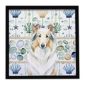 White Collie Coastal Sea Glass Framed Metal Print Bathroom, Kitchen, Office, Home Decor Wall Art Ready to Hang, Square, 8X8