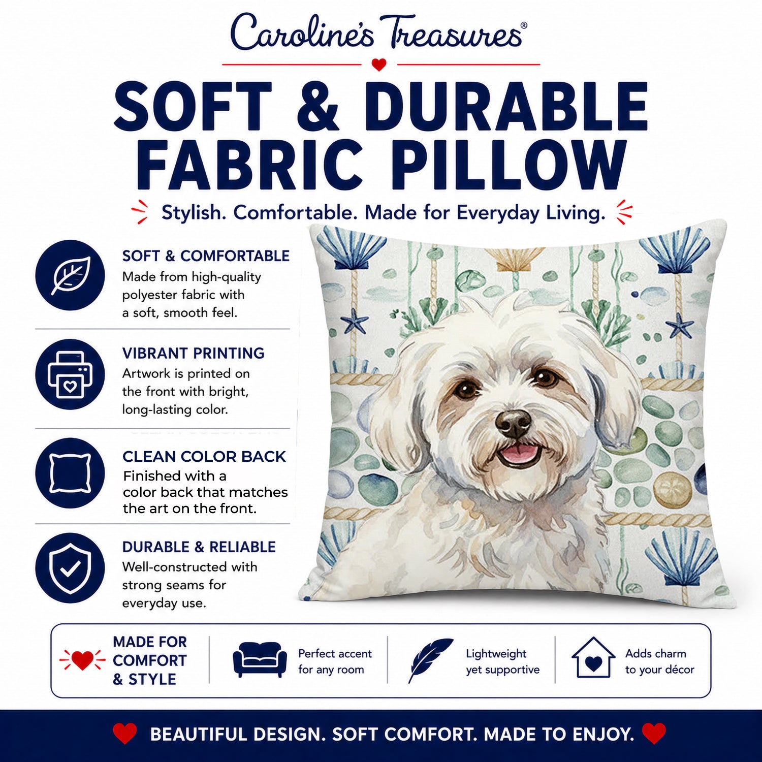Coton de Tulear Coastal Sea Glass Decorative Throw Pillow 18x18 Indoor Outdoor Accent Cushion, Fabric Cover with Insert for Sofa, Bed, Porch & Living Room