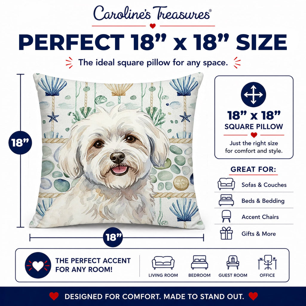Coton de Tulear Coastal Sea Glass Decorative Throw Pillow 18x18 Indoor Outdoor Accent Cushion, Fabric Cover with Insert for Sofa, Bed, Porch & Living Room