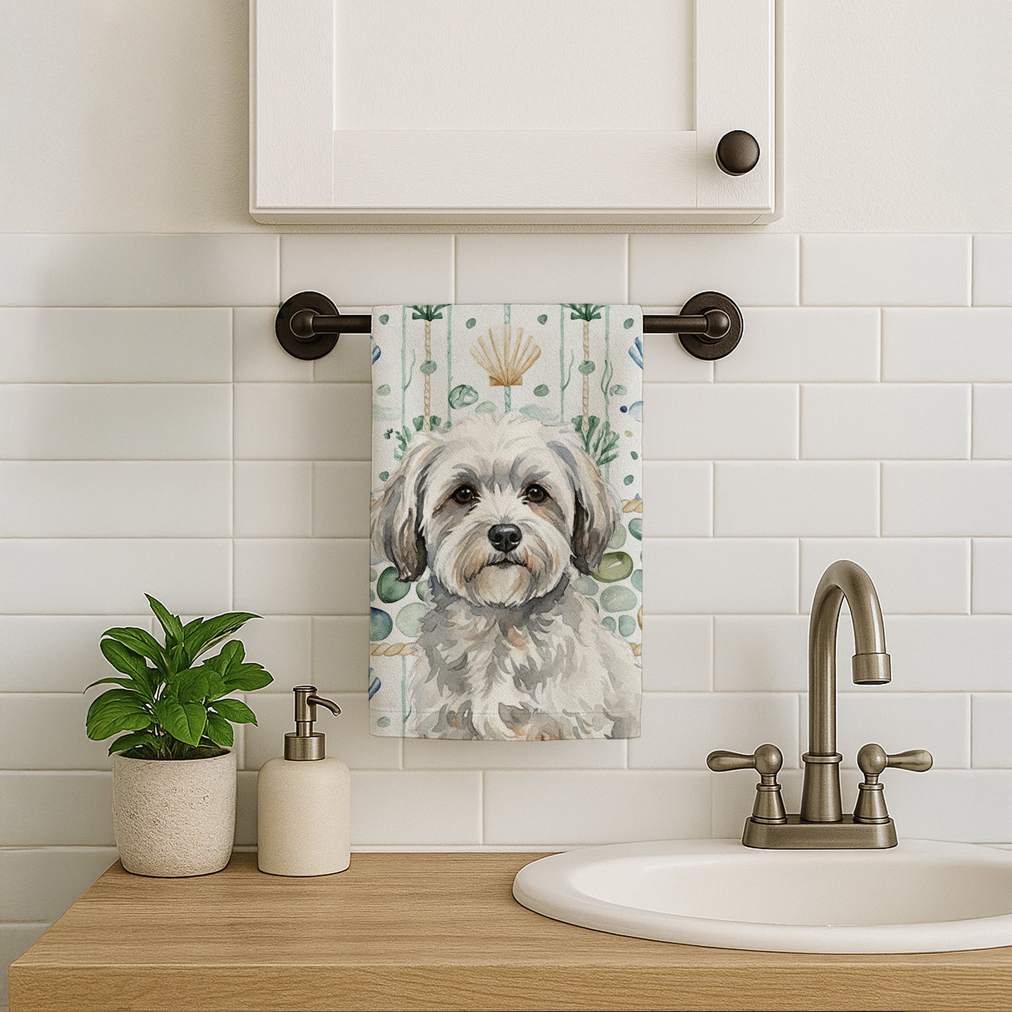 White with Gray Coton de Tulear Coastal Sea Glass Kitchen Towel Velour Plush Front and Cotton Loop Back Machine Washable
