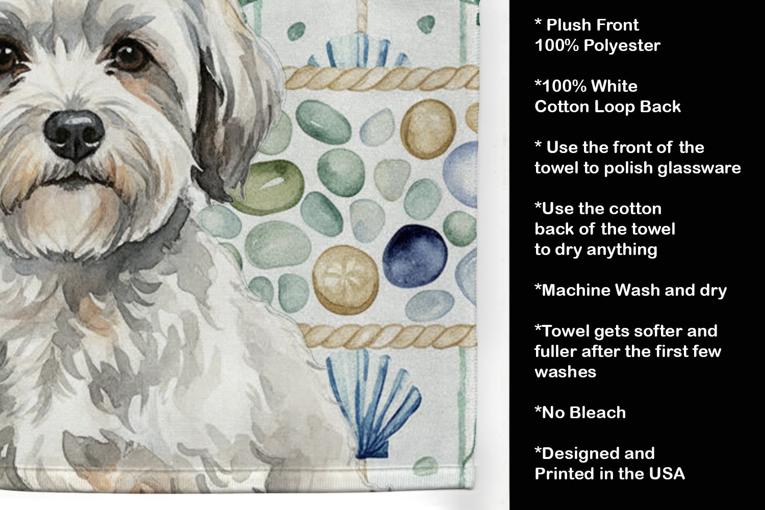 White with Gray Coton de Tulear Coastal Sea Glass Kitchen Towel Velour Plush Front and Cotton Loop Back Machine Washable