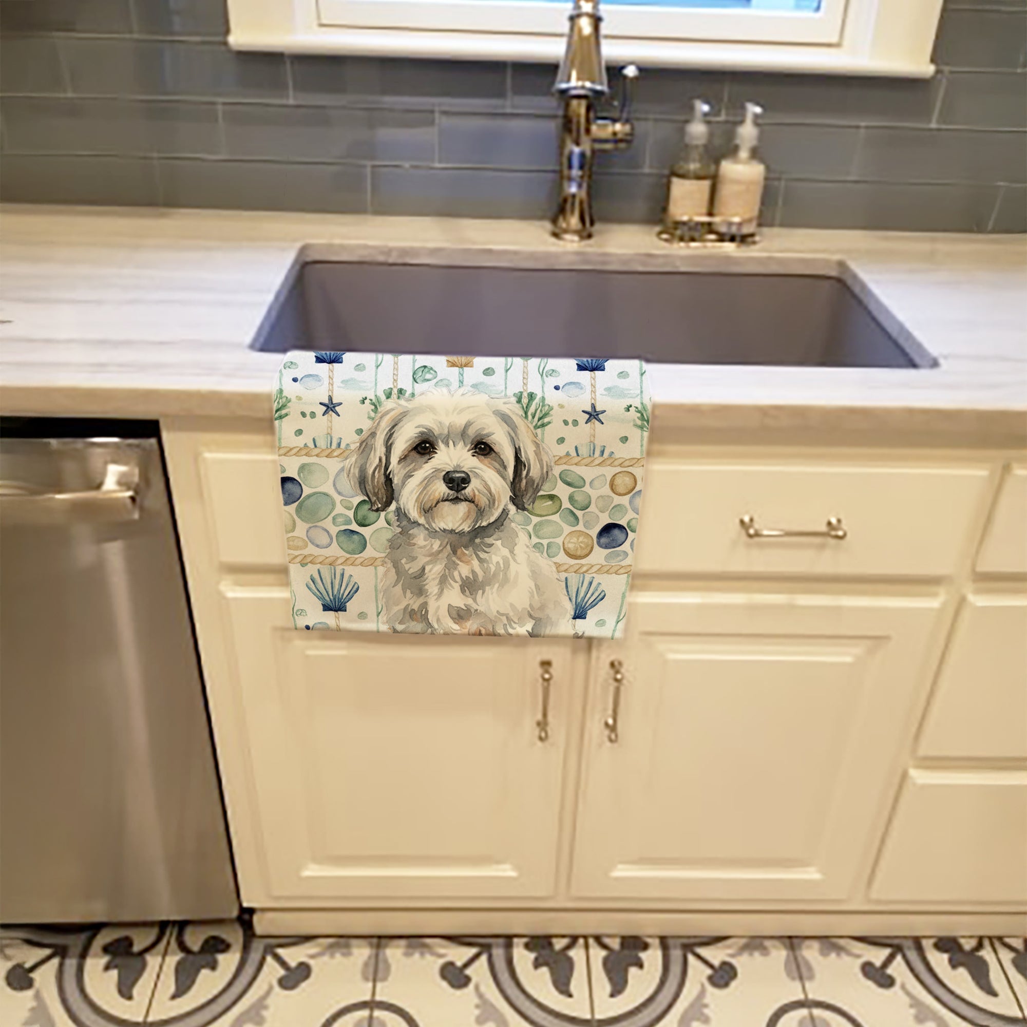 White with Gray Coton de Tulear Coastal Sea Glass Kitchen Towel Velour Plush Front and Cotton Loop Back Machine Washable