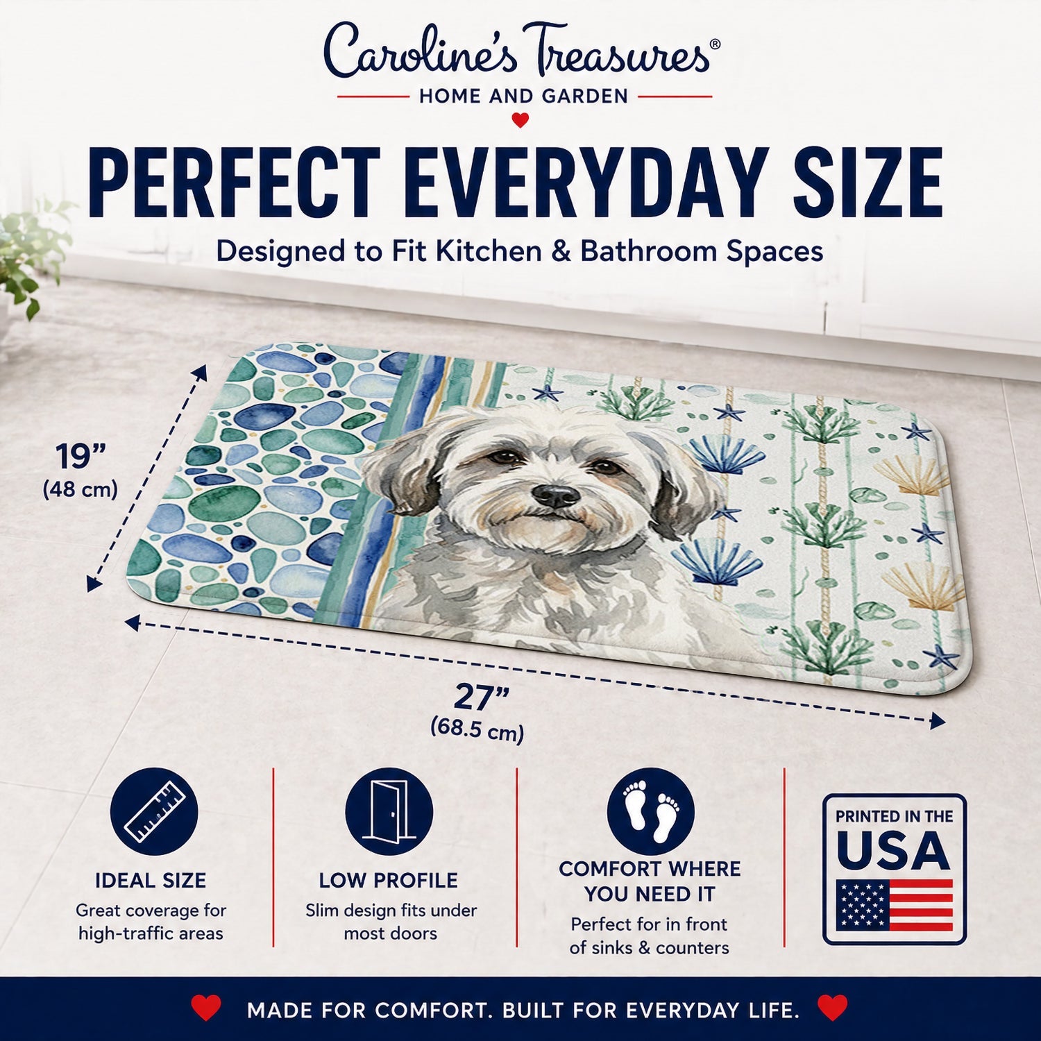 White with Gray Coton de Tulear Coastal Sea Glass Memory Foam Kitchen Mat Machine Washable Anti-Fatigue Cushion Comfort Bath or Kitchen Rug