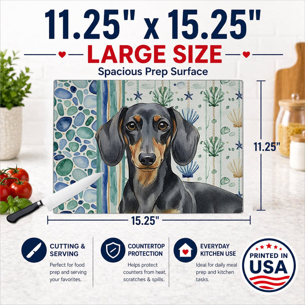 Black and Tan Dachshund Coastal Sea Glass Cutting Board Tempered Glass Kitchen Cutting Surface, Heat Resistant Chopping, Non-Slip Feet, Food Prep & Serving