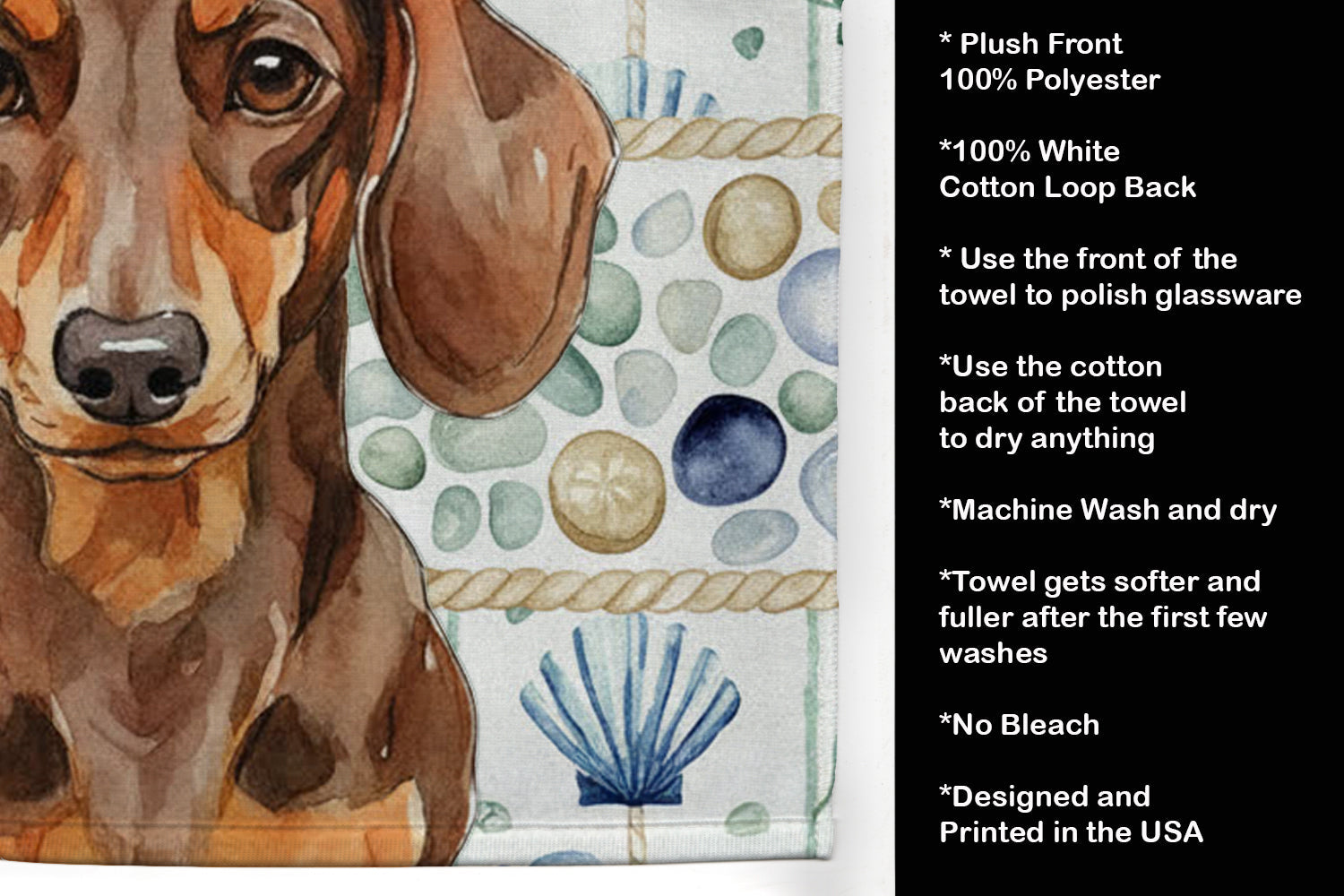 Chocolate and Tan Dachshund Coastal Sea Glass Kitchen Towel Velour Plush Front and Cotton Loop Back Machine Washable