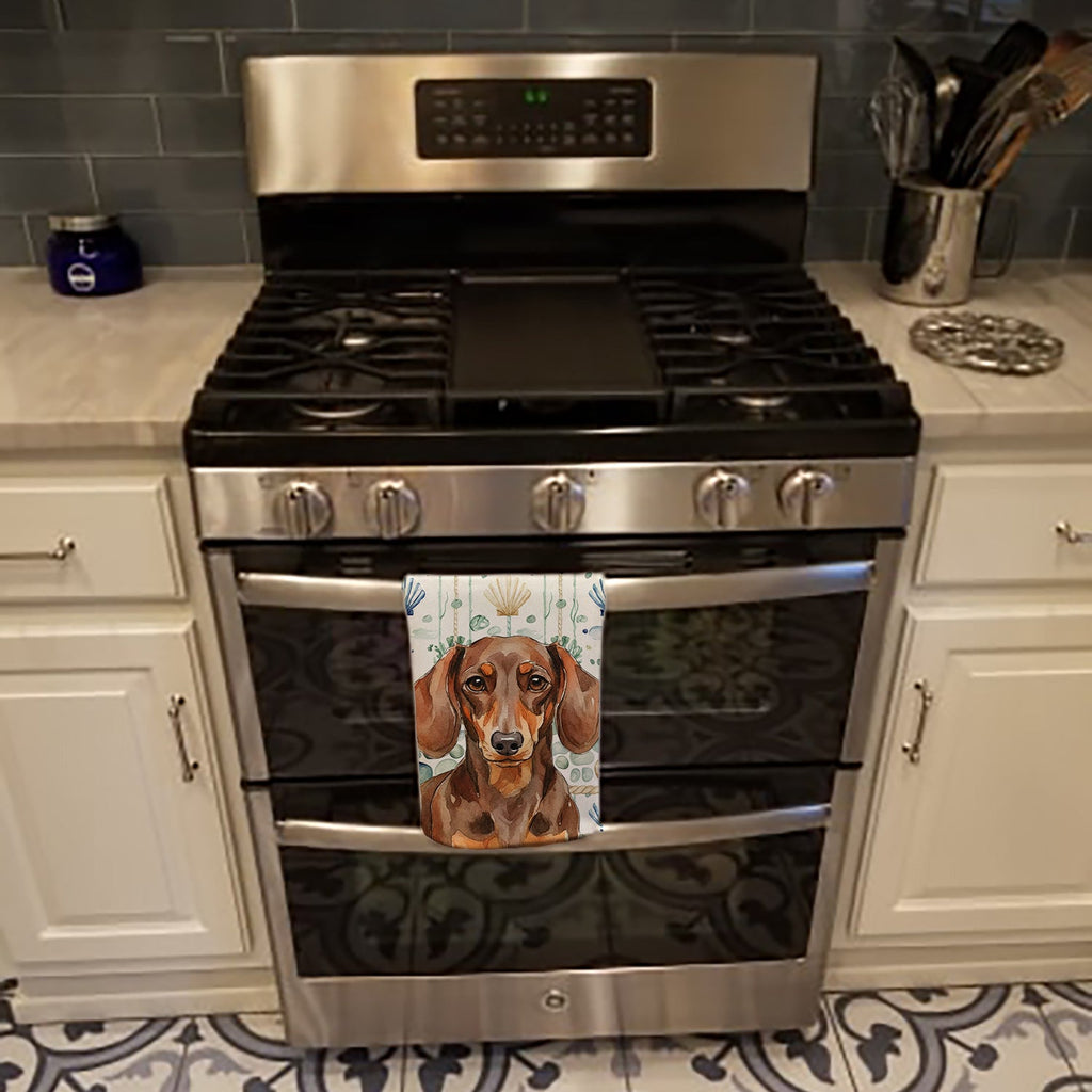 Chocolate and Tan Dachshund Coastal Sea Glass Kitchen Towel Velour Plush Front and Cotton Loop Back Machine Washable