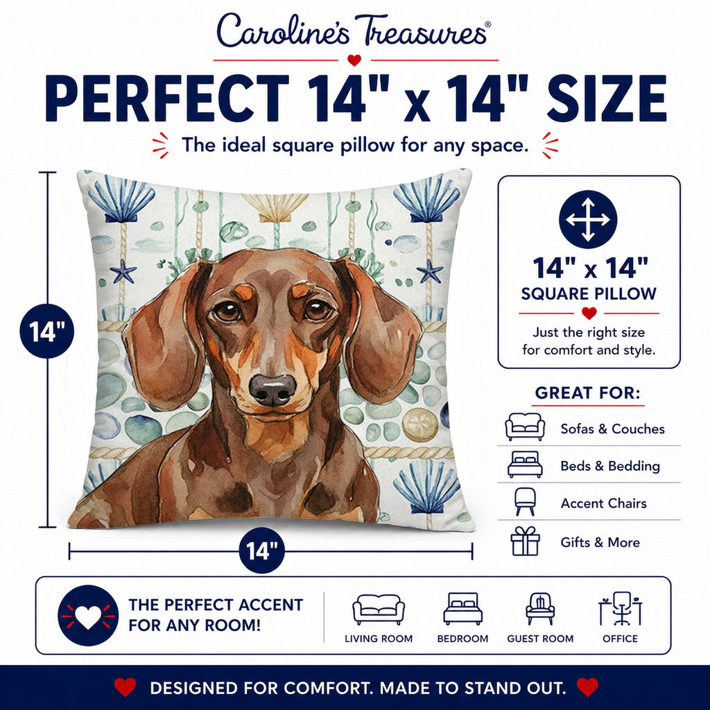 Chocolate and Tan Dachshund Coastal Sea Glass Decorative Throw Pillow 14x14 Indoor Outdoor Accent Cushion, Fabric Cover with Insert for Sofa, Bed, Porch & Living Room