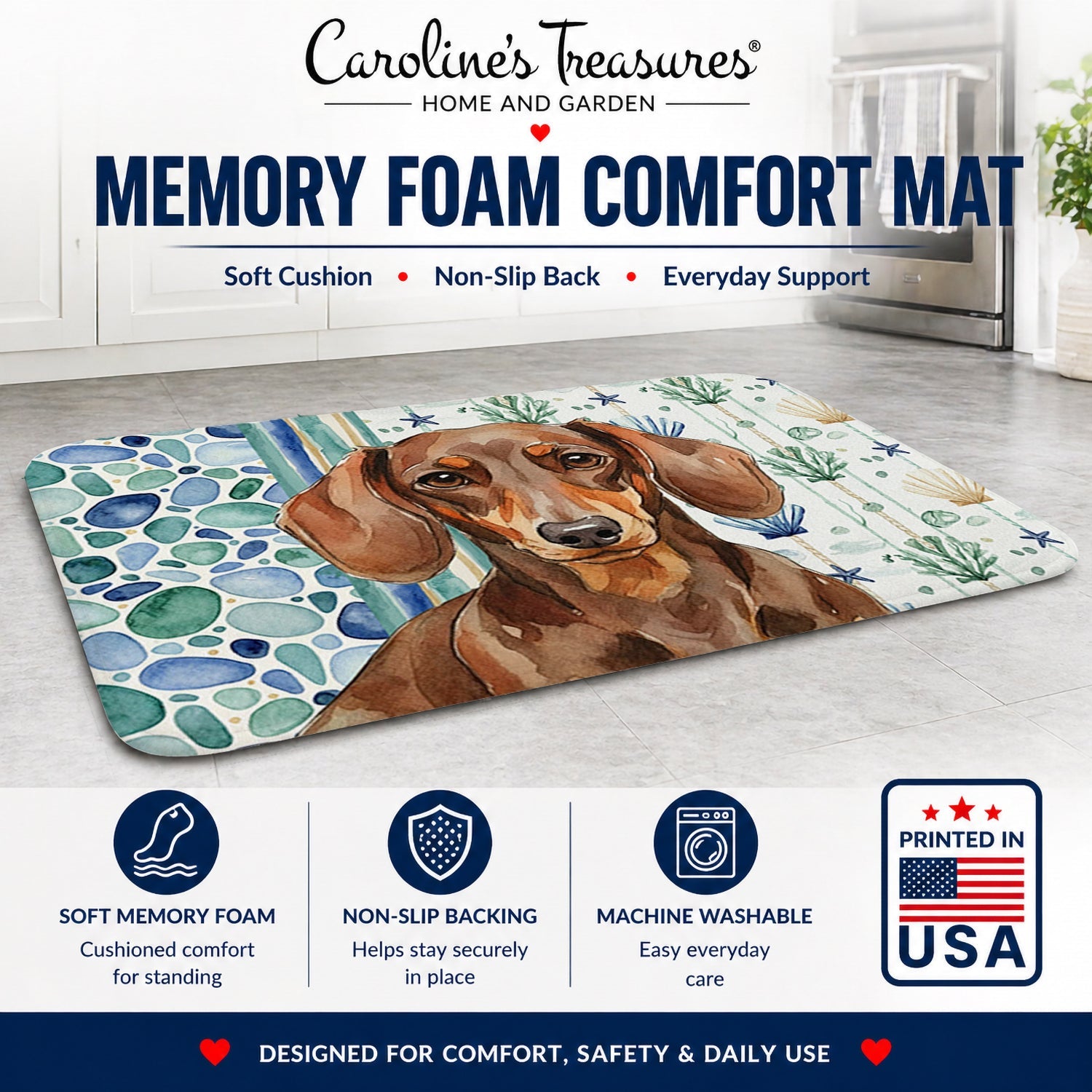 Chocolate and Tan Dachshund Coastal Sea Glass Memory Foam Kitchen Mat Machine Washable Anti-Fatigue Cushion Comfort Bath or Kitchen Rug