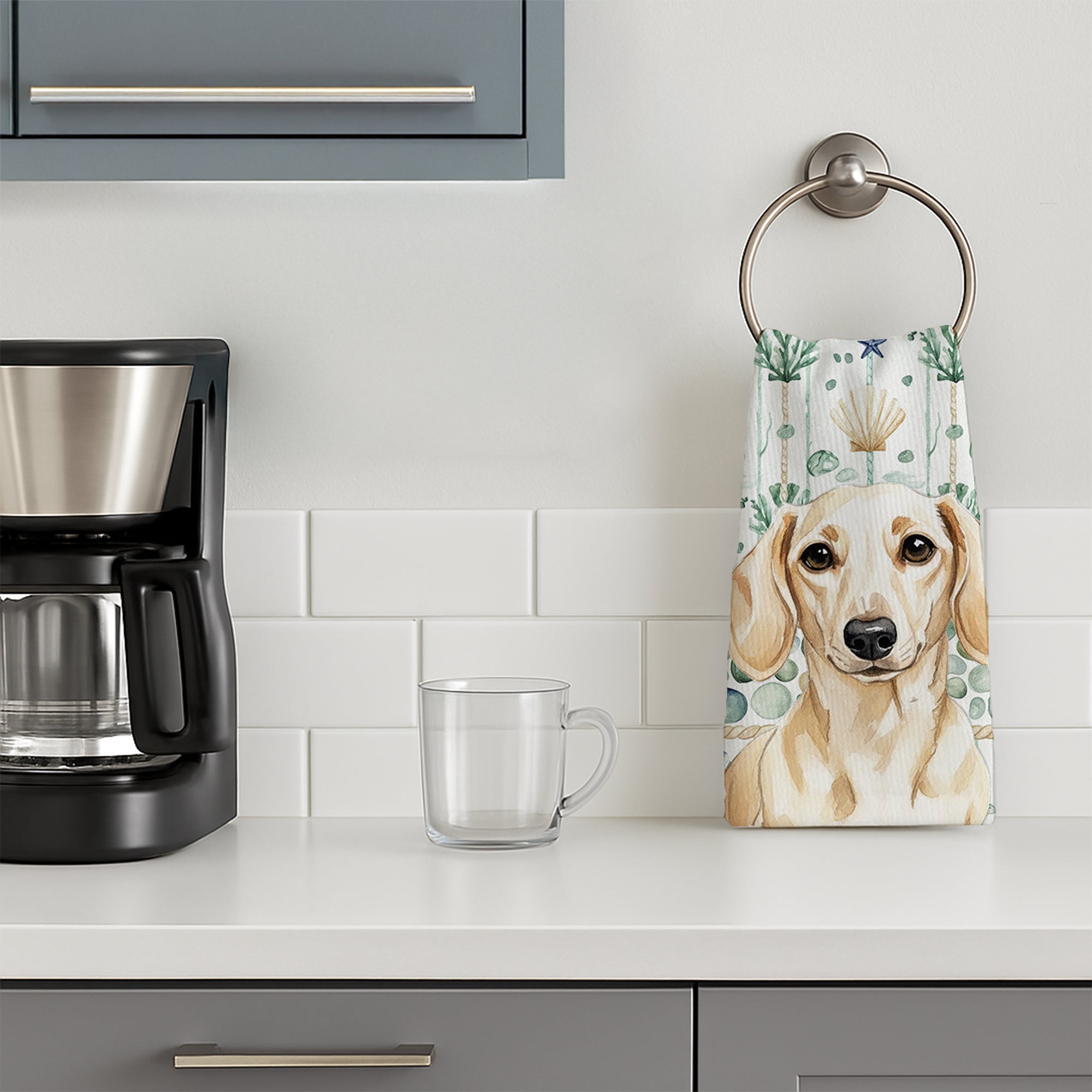 Cream Dachshund Coastal Sea Glass Kitchen Towel Velour Plush Front and Cotton Loop Back Machine Washable