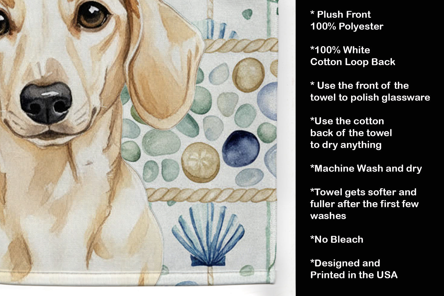 Cream Dachshund Coastal Sea Glass Kitchen Towel Velour Plush Front and Cotton Loop Back Machine Washable