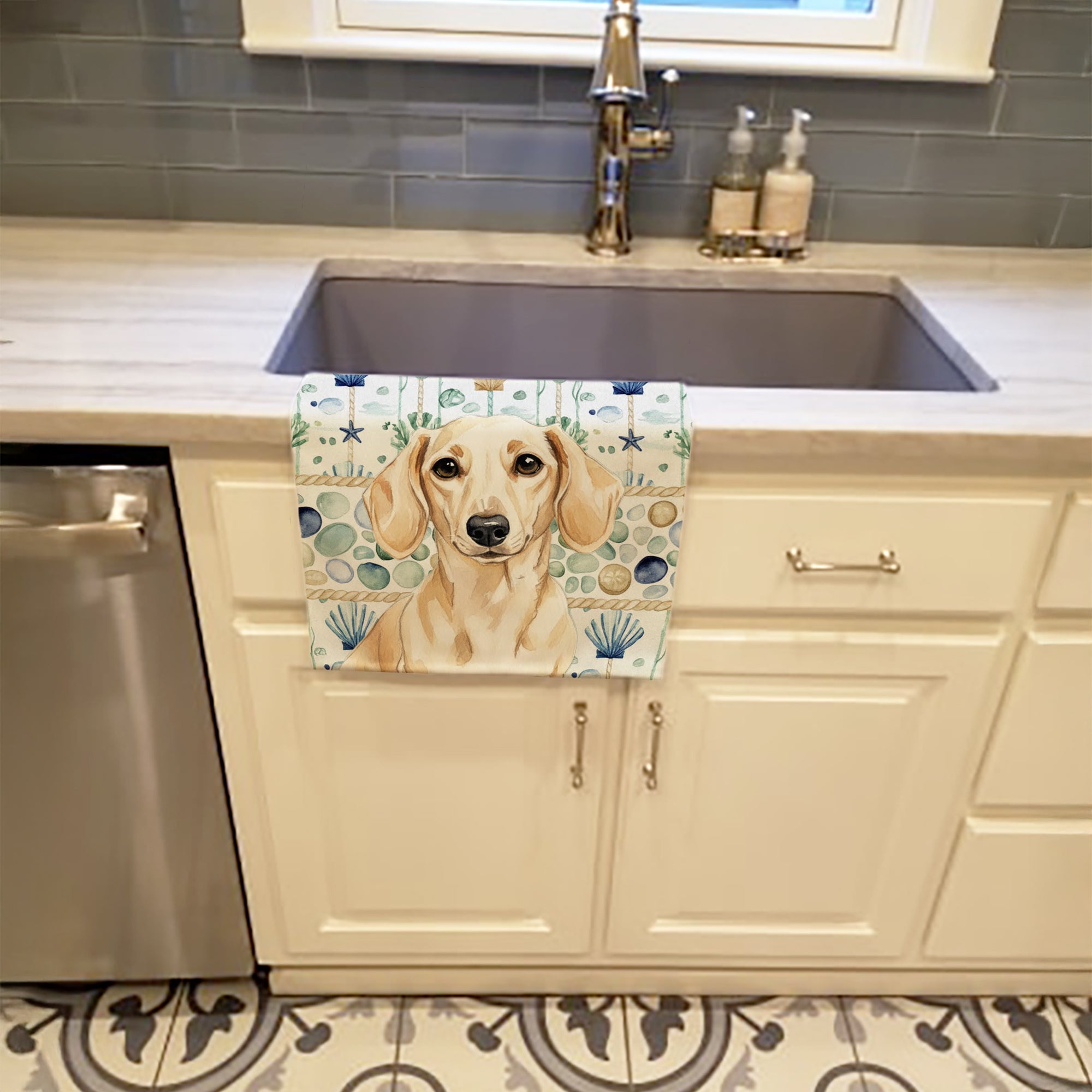 Cream Dachshund Coastal Sea Glass Kitchen Towel Velour Plush Front and Cotton Loop Back Machine Washable