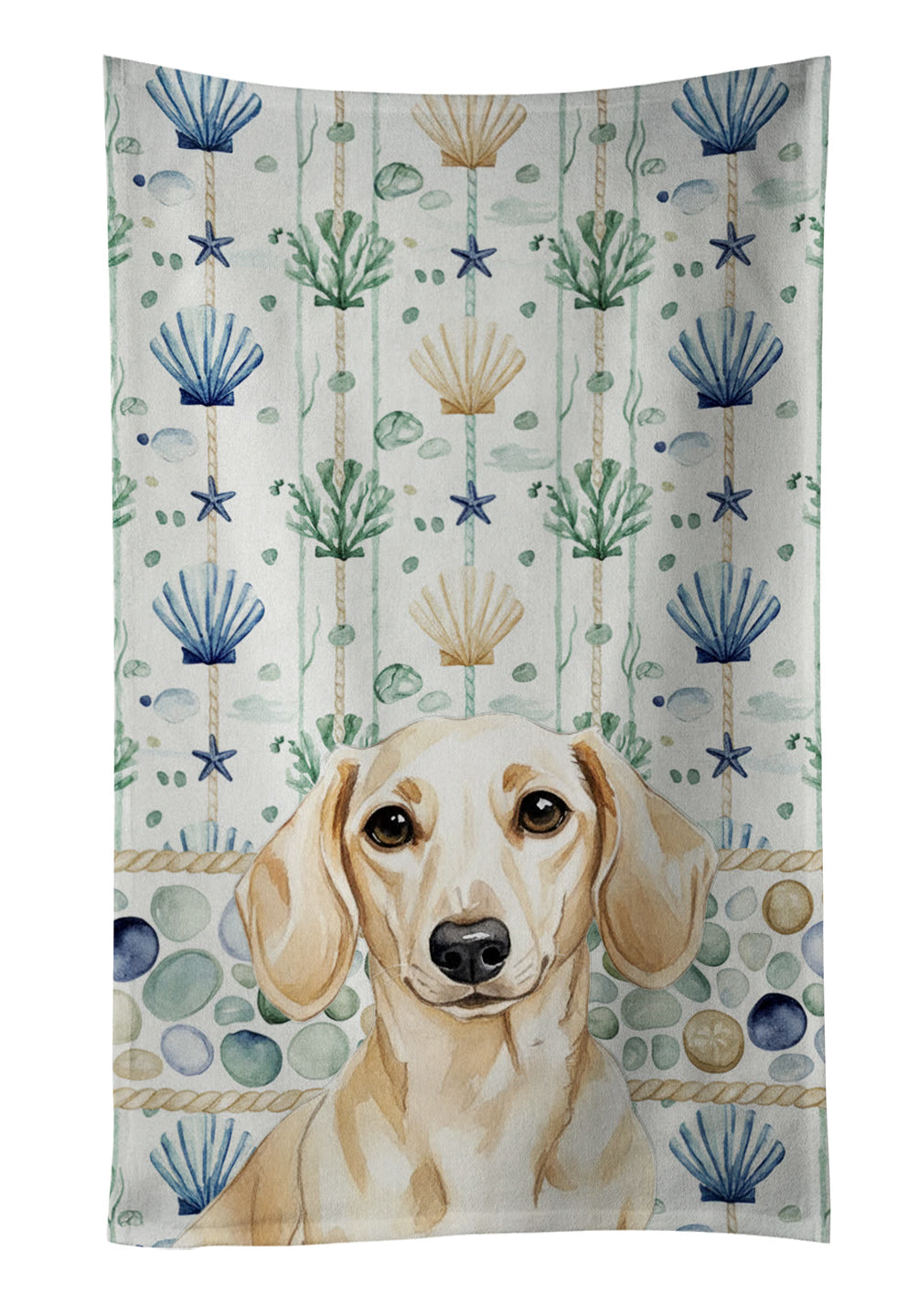 Cream Dachshund Coastal Sea Glass Kitchen Towel Velour Plush Front and Cotton Loop Back Machine Washable