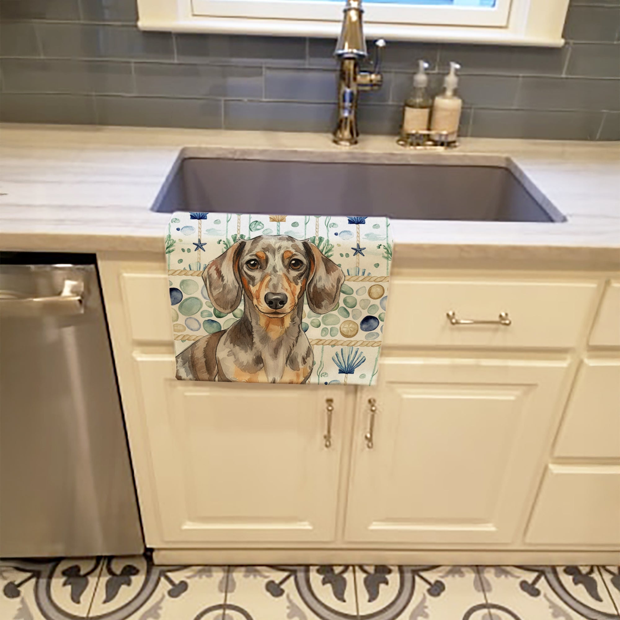 Dapple Dachshund Coastal Sea Glass Kitchen Towel Velour Plush Front and Cotton Loop Back Machine Washable