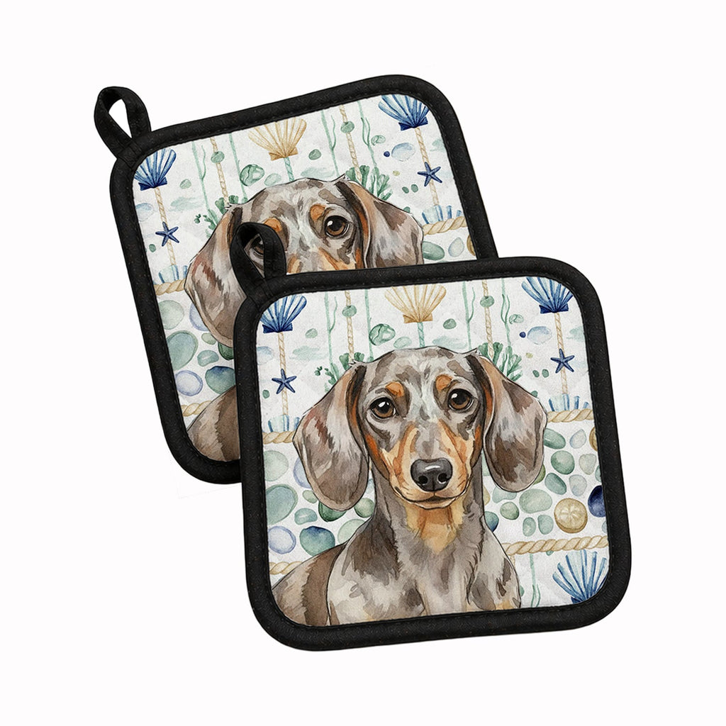 Dapple Dachshund Coastal Sea Glass Pot Holder Set of 2 Heat Resistant Quilted Hot Pads 7.5 x 7.5 Inch, Insulated Kitchen Trivets for Cooking & Baking