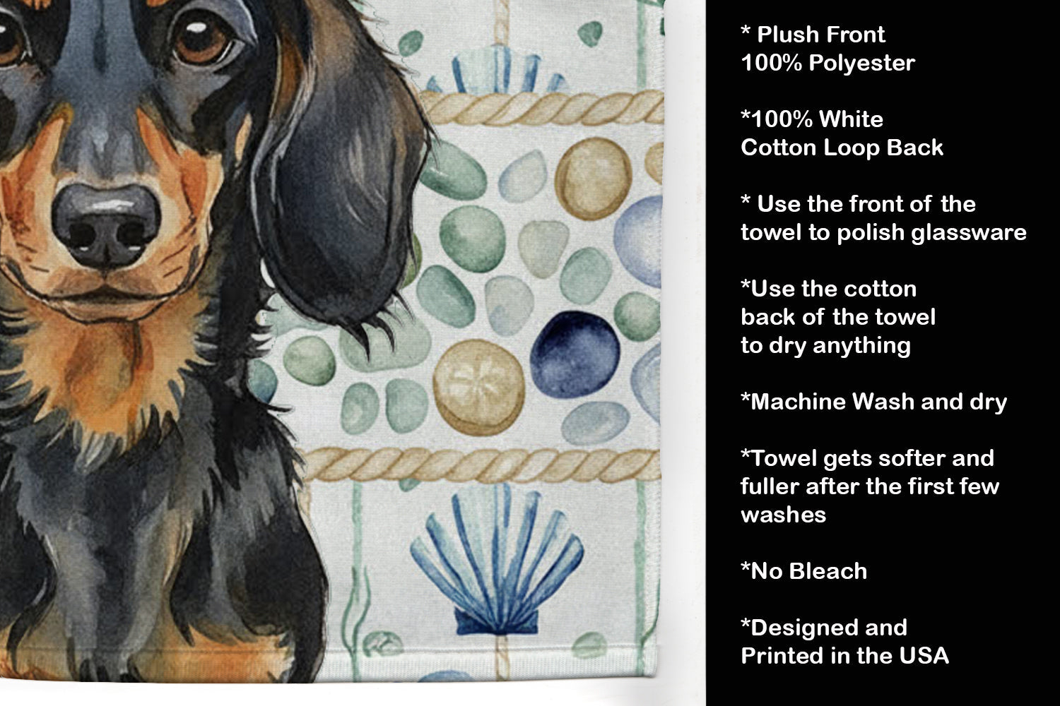 Longhaired Black and Tan Dachshund Coastal Sea Glass Kitchen Towel Velour Plush Front and Cotton Loop Back Machine Washable