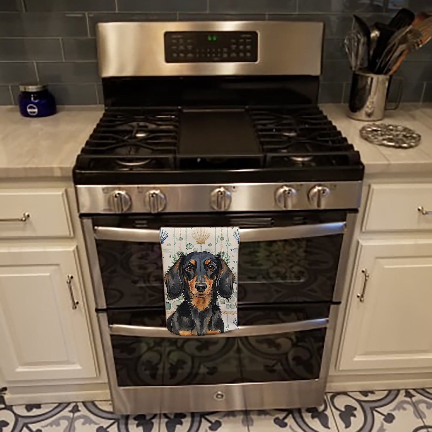 Longhaired Black and Tan Dachshund Coastal Sea Glass Kitchen Towel Velour Plush Front and Cotton Loop Back Machine Washable