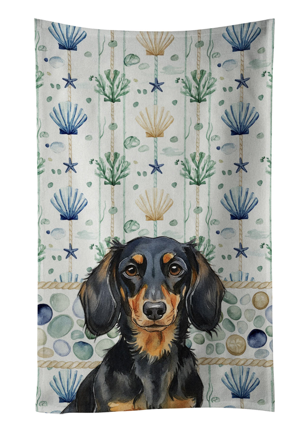 Longhaired Black and Tan Dachshund Coastal Sea Glass Kitchen Towel Velour Plush Front and Cotton Loop Back Machine Washable