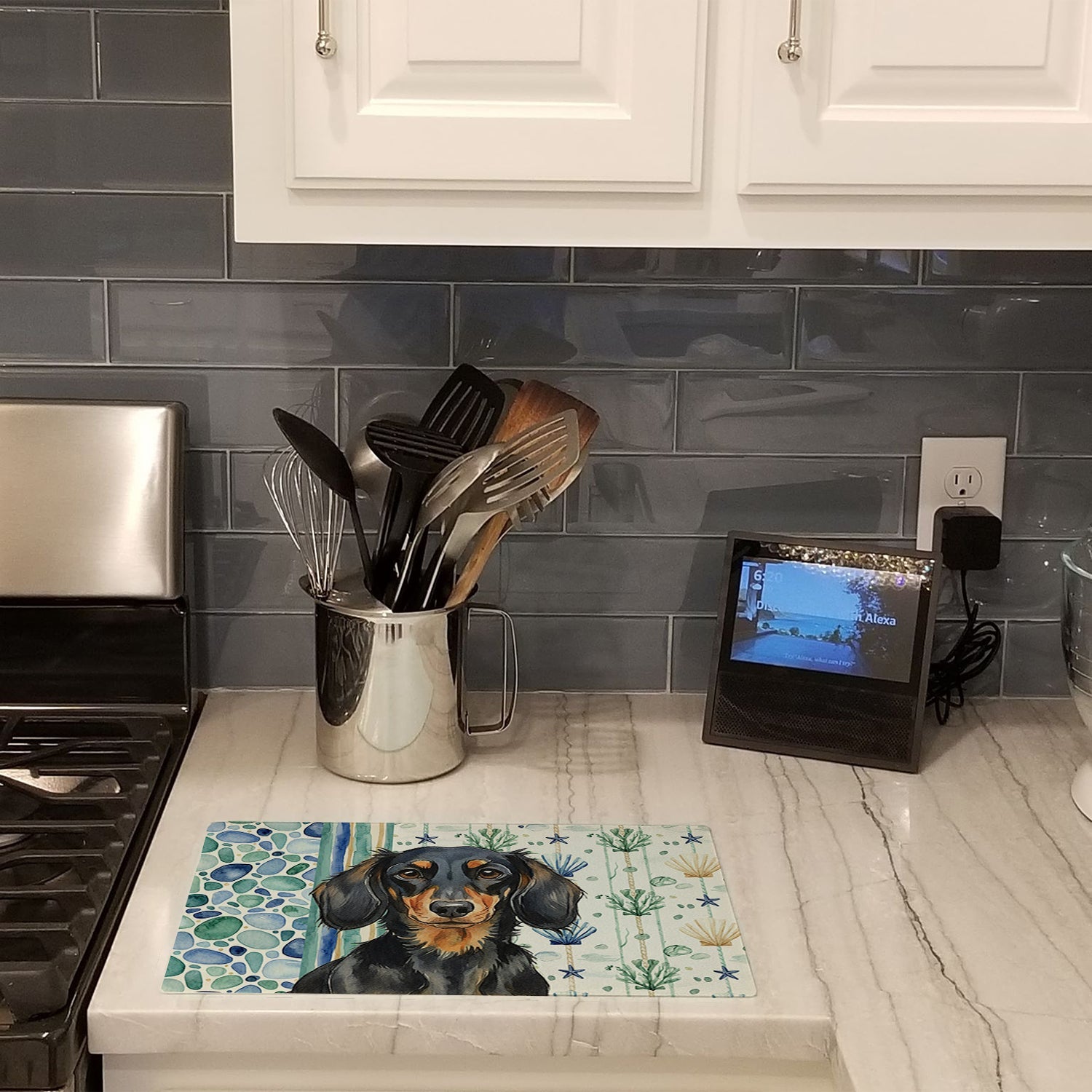 Longhaired Black and Tan Dachshund Coastal Sea Glass Cutting Board Tempered Glass Kitchen Cutting Surface, Heat Resistant Chopping, Non-Slip Feet, Food Prep & Serving