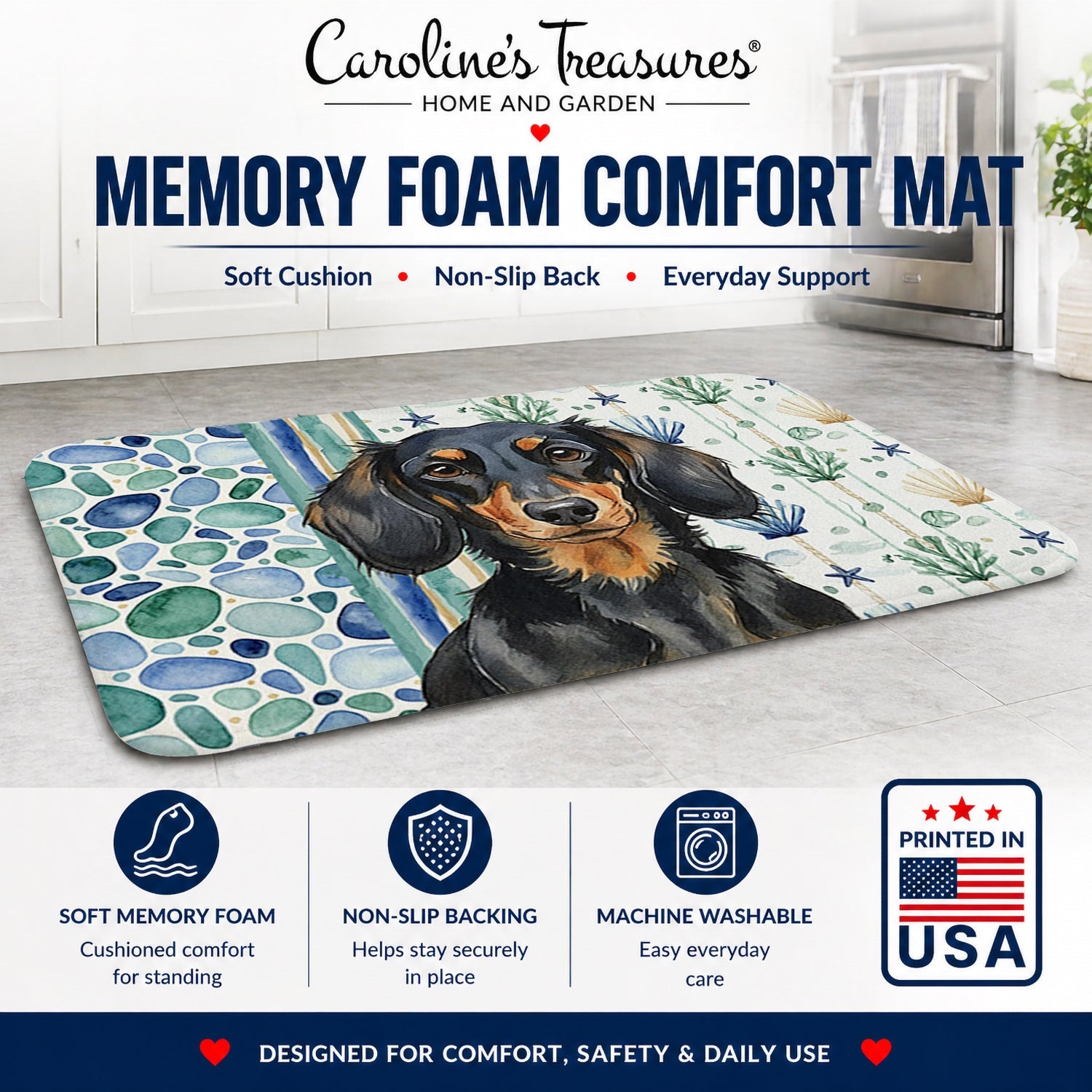 Longhaired Black and Tan Dachshund Coastal Sea Glass Memory Foam Kitchen Mat Machine Washable Anti-Fatigue Cushion Comfort Bath or Kitchen Rug