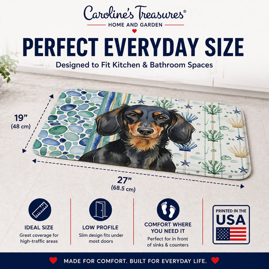 Longhaired Black and Tan Dachshund Coastal Sea Glass Memory Foam Kitchen Mat Machine Washable Anti-Fatigue Cushion Comfort Bath or Kitchen Rug
