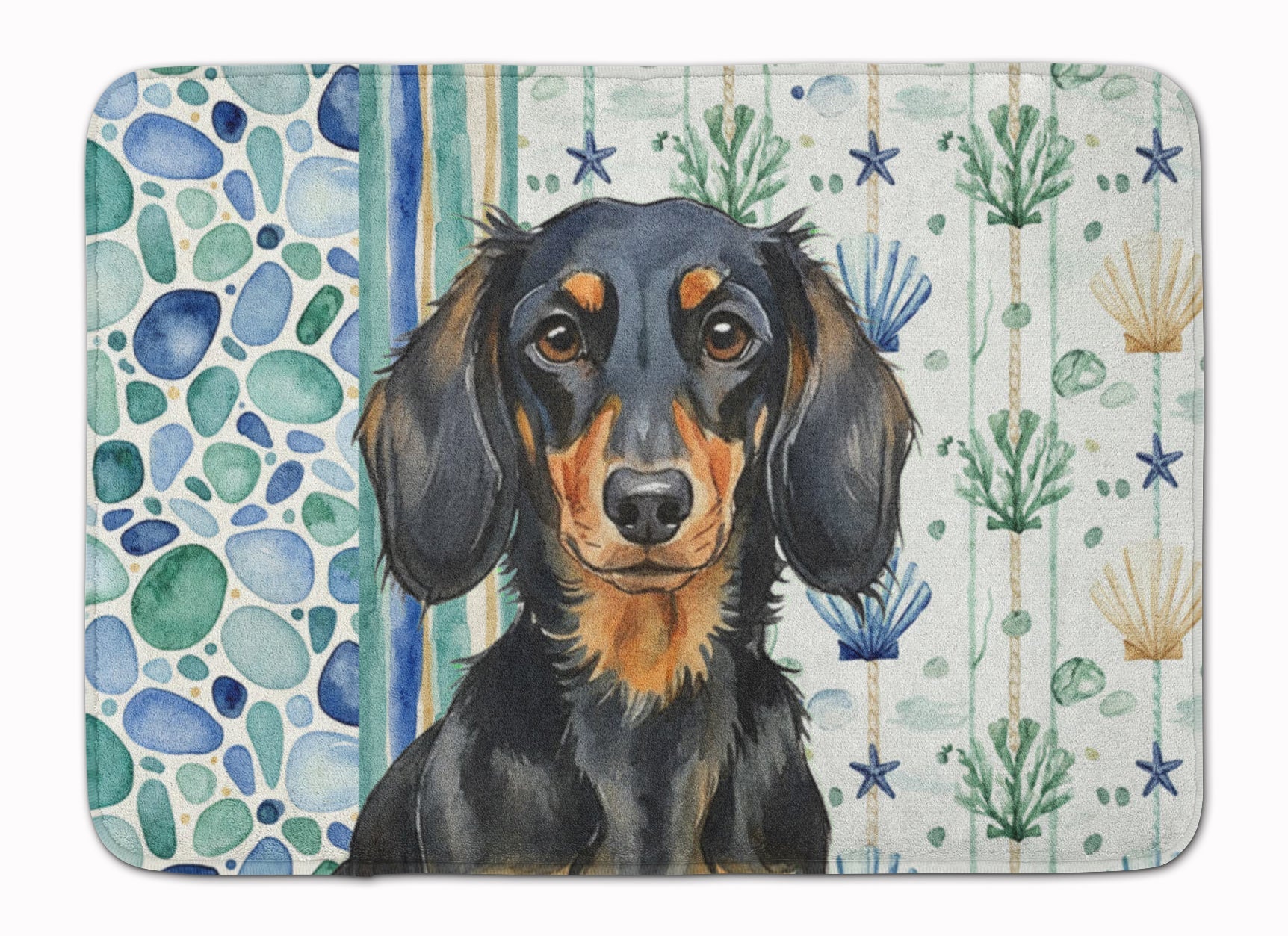 Longhaired Black and Tan Dachshund Coastal Sea Glass Memory Foam Kitchen Mat Machine Washable Anti-Fatigue Cushion Comfort Bath or Kitchen Rug