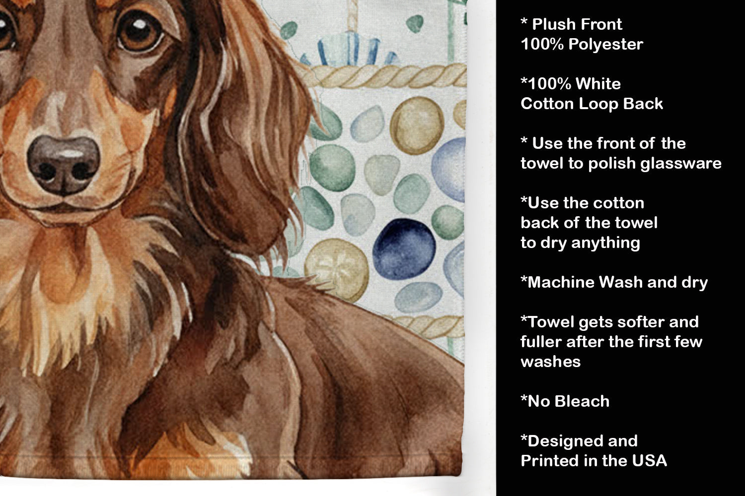 Longhaired Chocolate and Tan Dachshund Coastal Sea Glass Kitchen Towel Velour Plush Front and Cotton Loop Back Machine Washable