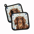 Longhaired Chocolate and Tan Dachshund Coastal Sea Glass Pot Holder Set of 2 Heat Resistant Quilted Hot Pads 7.5 x 7.5 Inch, Insulated Kitchen Trivets for Cooking & Baking