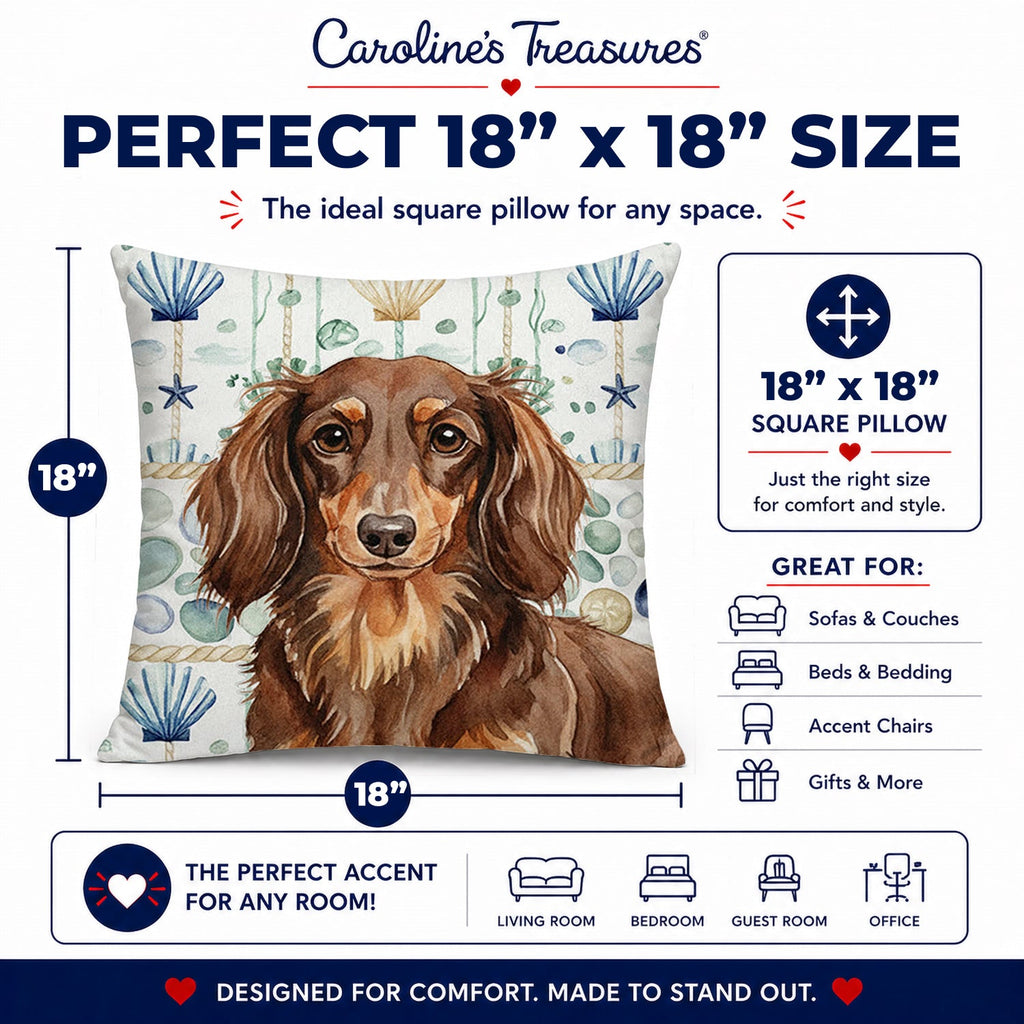 Longhaired Chocolate and Tan Dachshund Coastal Sea Glass Decorative Throw Pillow 18x18 Indoor Outdoor Accent Cushion, Fabric Cover with Insert for Sofa, Bed, Porch & Living Room