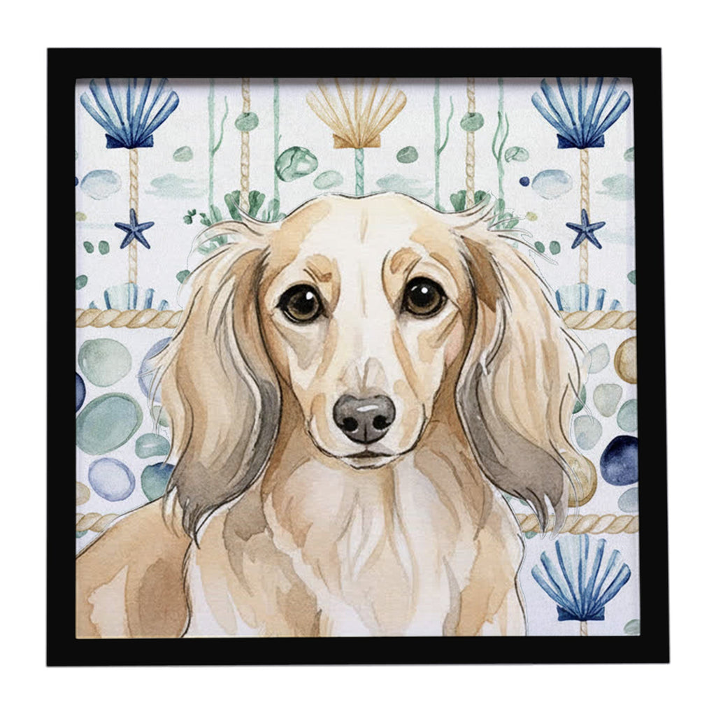 Longhaired Cream Dachshund Coastal Sea Glass Framed Metal Print Bathroom, Kitchen, Office, Home Decor Wall Art Ready to Hang, Square, 8X8