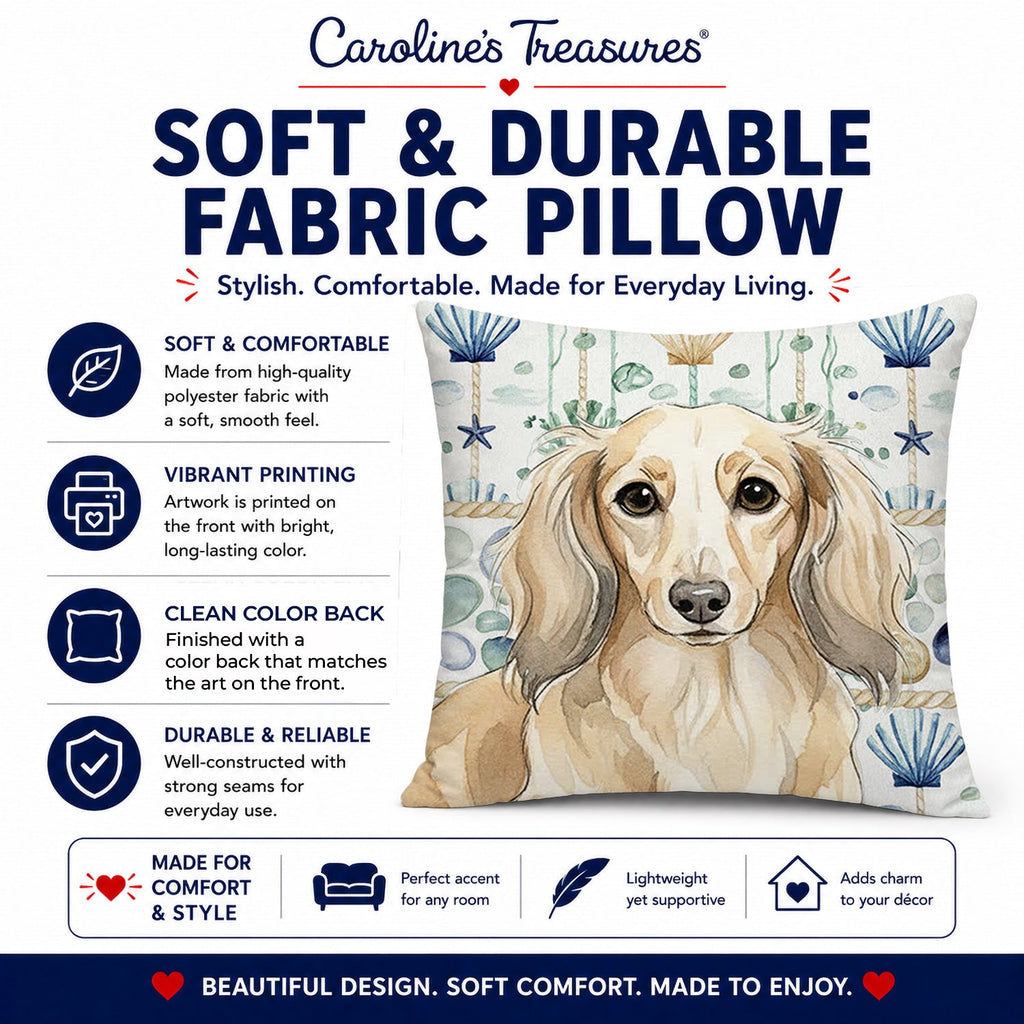 Longhaired Cream Dachshund Coastal Sea Glass Decorative Throw Pillow 14x14 Indoor Outdoor Accent Cushion, Fabric Cover with Insert for Sofa, Bed, Porch & Living Room