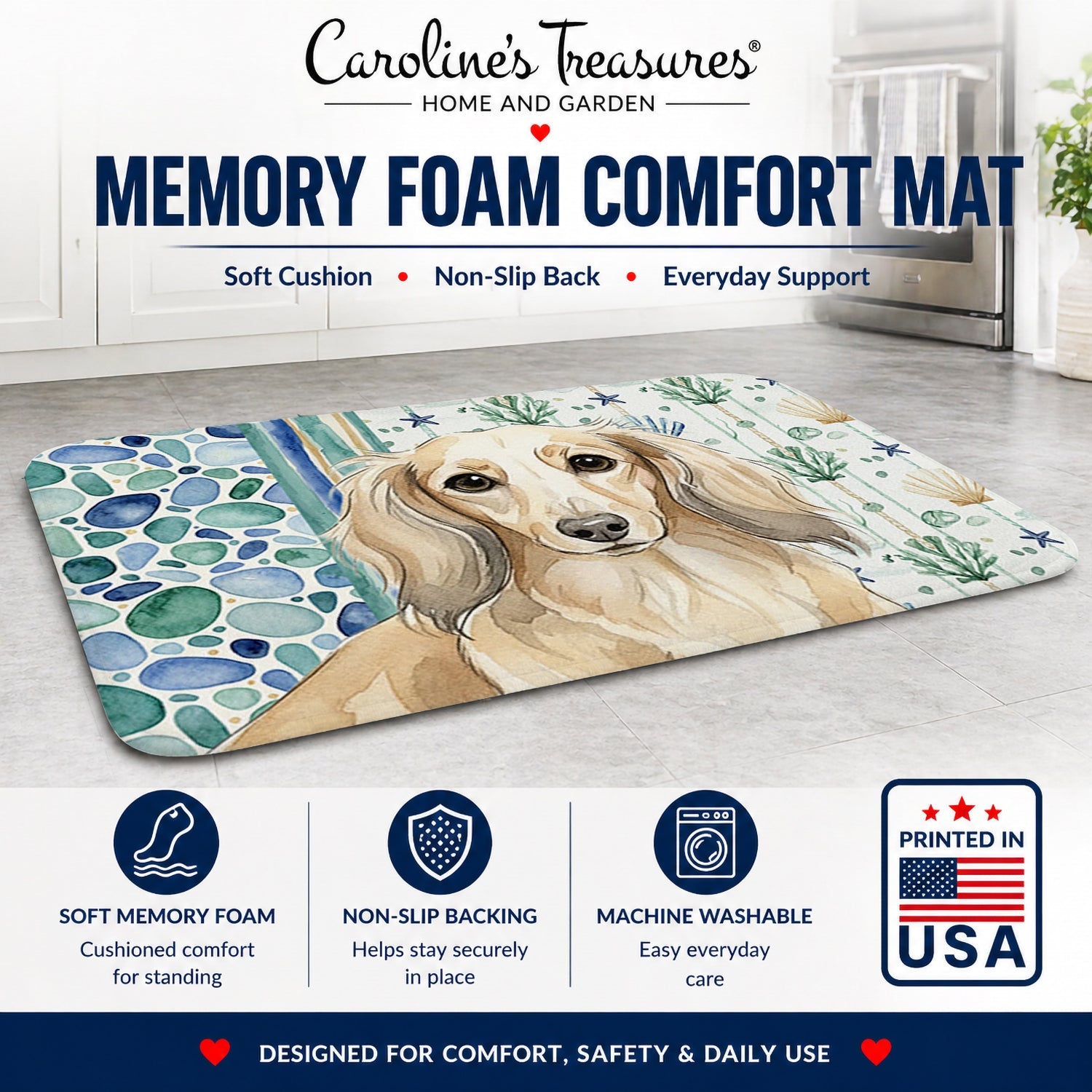 Longhaired Cream Dachshund Coastal Sea Glass Memory Foam Kitchen Mat Machine Washable Anti-Fatigue Cushion Comfort Bath or Kitchen Rug