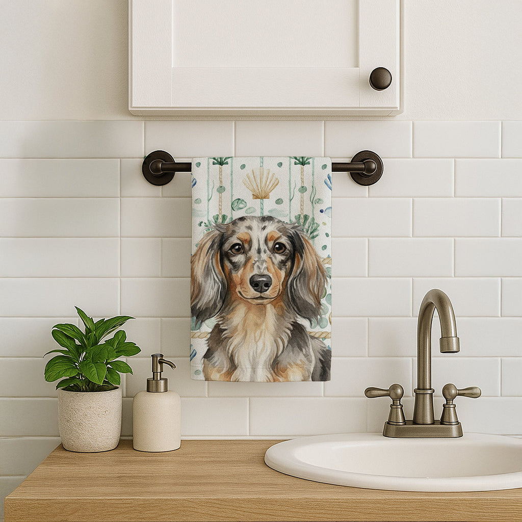 Longhaired Dapple Dachshund Coastal Sea Glass Kitchen Towel Velour Plush Front and Cotton Loop Back Machine Washable