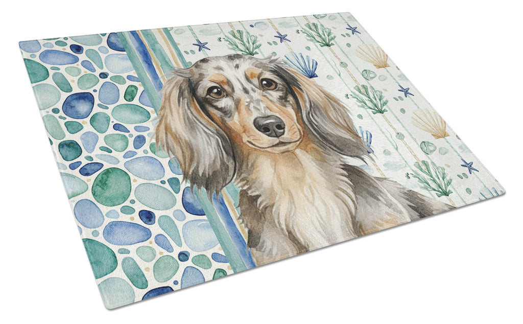 Longhaired Dapple Dachshund Coastal Sea Glass Cutting Board Tempered Glass Kitchen Cutting Surface, Heat Resistant Chopping, Non-Slip Feet, Food Prep & Serving