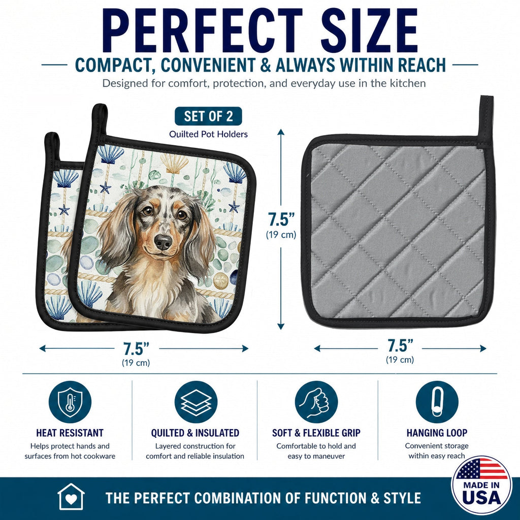 Longhaired Dapple Dachshund Coastal Sea Glass Pot Holder Set of 2 Heat Resistant Quilted Hot Pads 7.5 x 7.5 Inch, Insulated Kitchen Trivets for Cooking & Baking