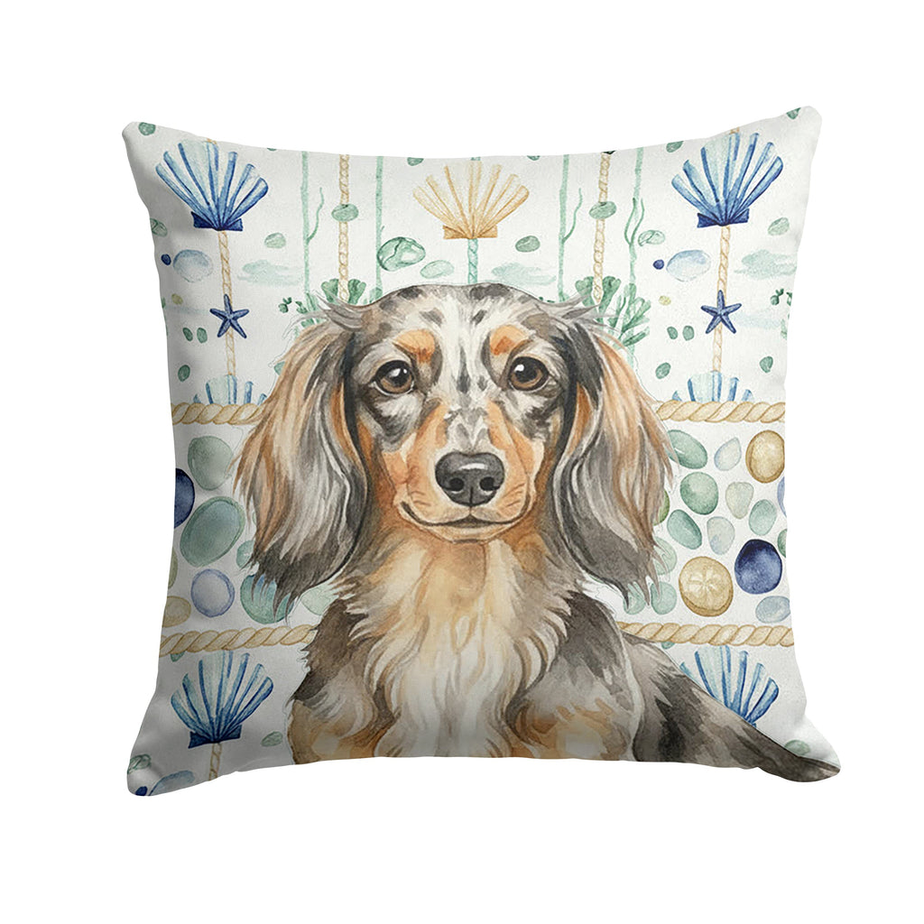 Longhaired Dapple Dachshund Coastal Sea Glass Decorative Throw Pillow 18x18 Indoor Outdoor Accent Cushion, Fabric Cover with Insert for Sofa, Bed, Porch & Living Room