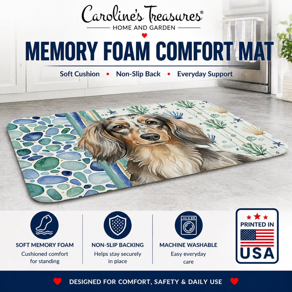 Longhaired Dapple Dachshund Coastal Sea Glass Memory Foam Kitchen Mat Machine Washable Anti-Fatigue Cushion Comfort Bath or Kitchen Rug