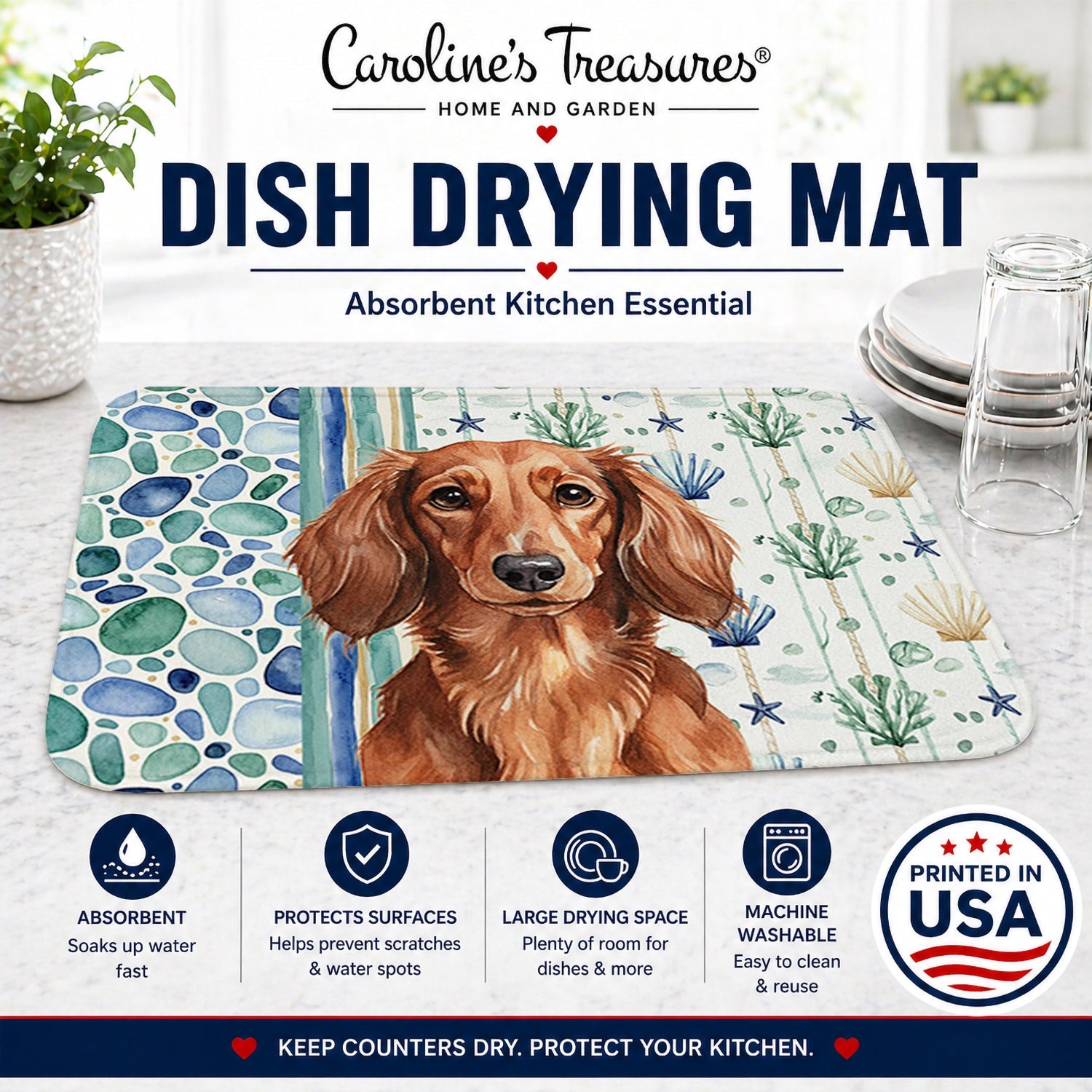 Longhaired Red Dachshund Coastal Sea Glass Dish Drying Mat Absorbent Dish Drying Mat Pad for Kitchen Counter Dish Drainer Mat for Countertop, 14 x 21", Multicolor