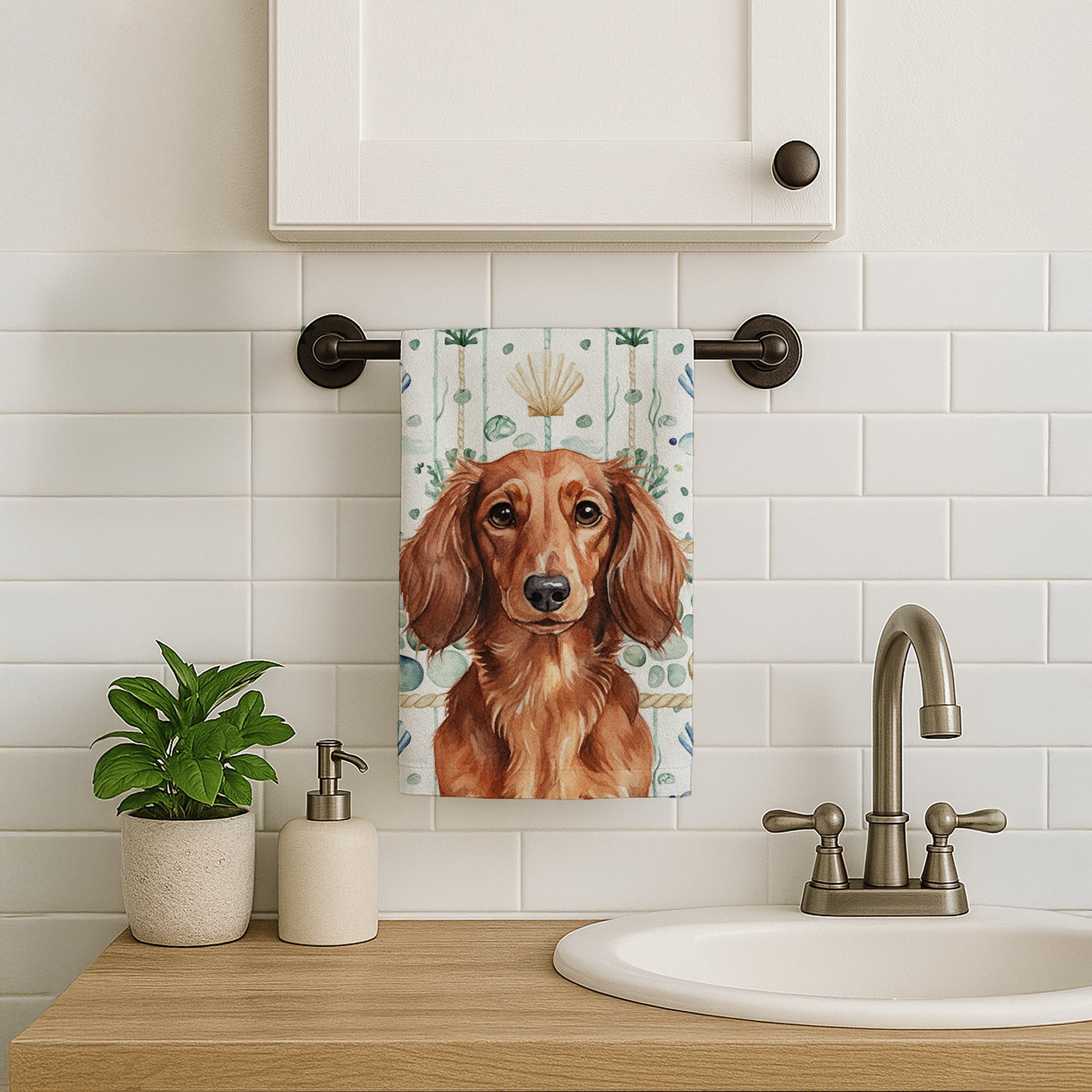 Longhaired Red Dachshund Coastal Sea Glass Kitchen Towel Velour Plush Front and Cotton Loop Back Machine Washable