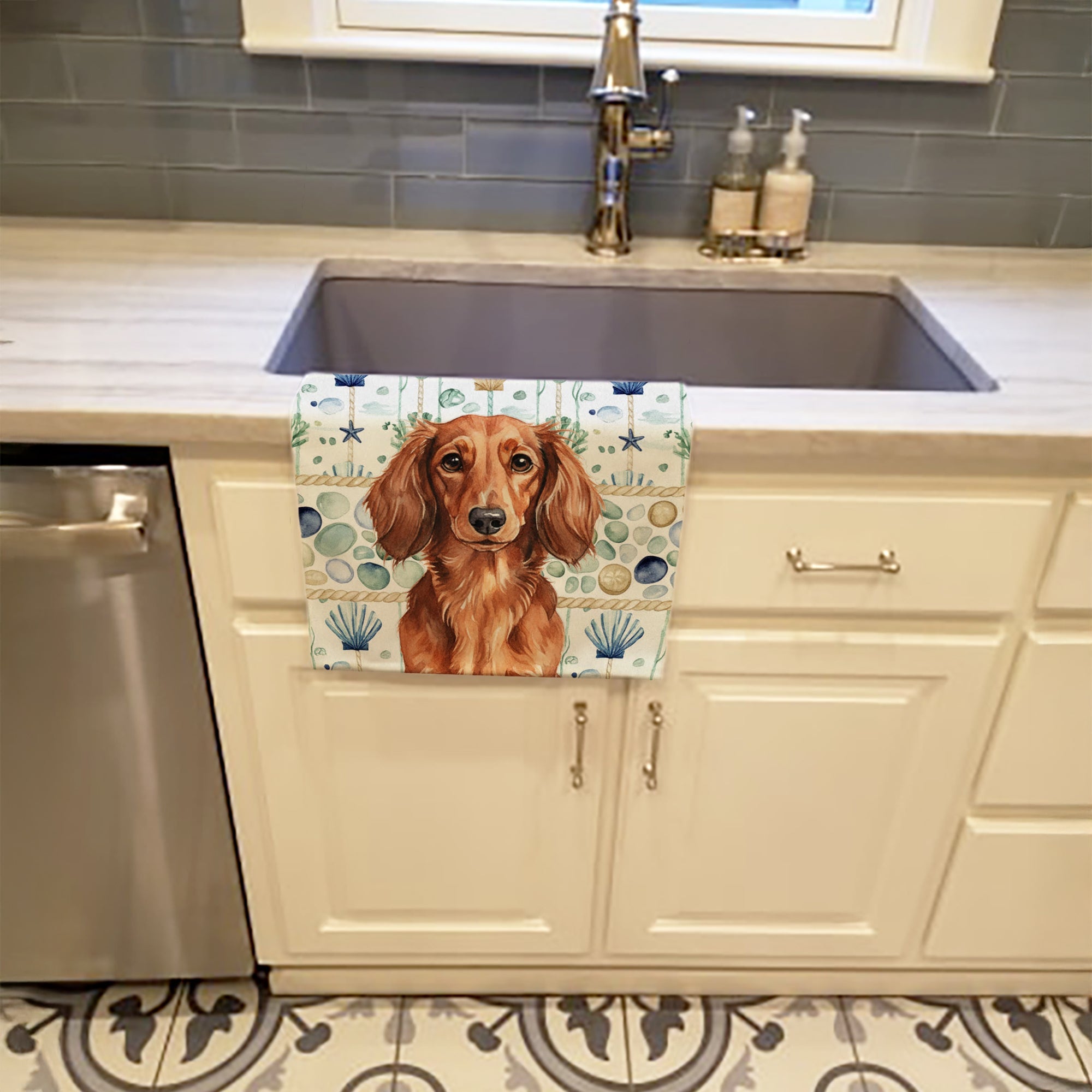 Longhaired Red Dachshund Coastal Sea Glass Kitchen Towel Velour Plush Front and Cotton Loop Back Machine Washable