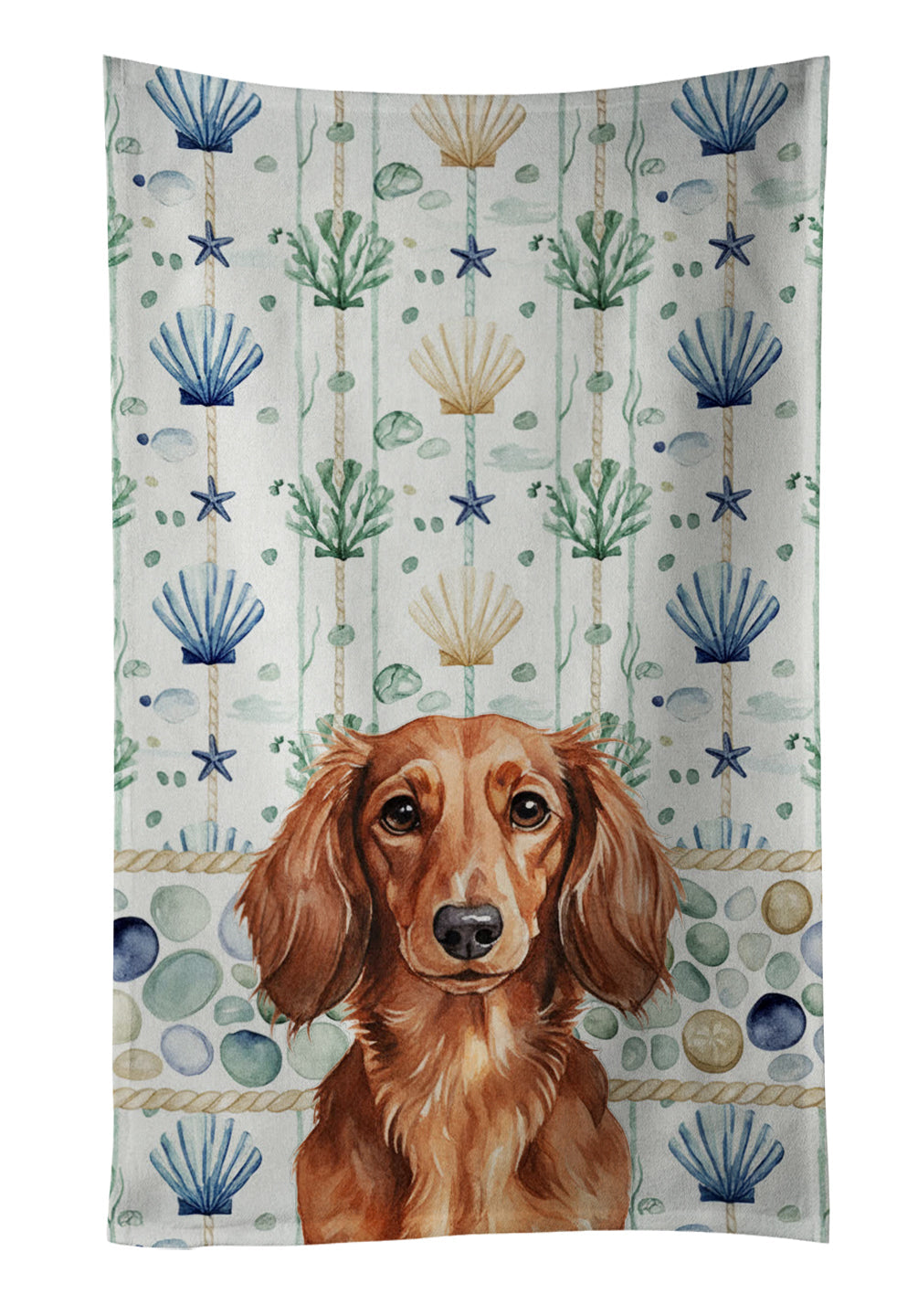 Longhaired Red Dachshund Coastal Sea Glass Kitchen Towel Velour Plush Front and Cotton Loop Back Machine Washable