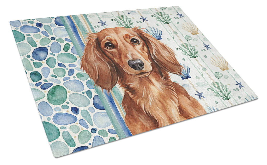 Longhaired Red Dachshund Coastal Sea Glass Cutting Board Tempered Glass Kitchen Cutting Surface, Heat Resistant Chopping, Non-Slip Feet, Food Prep & Serving