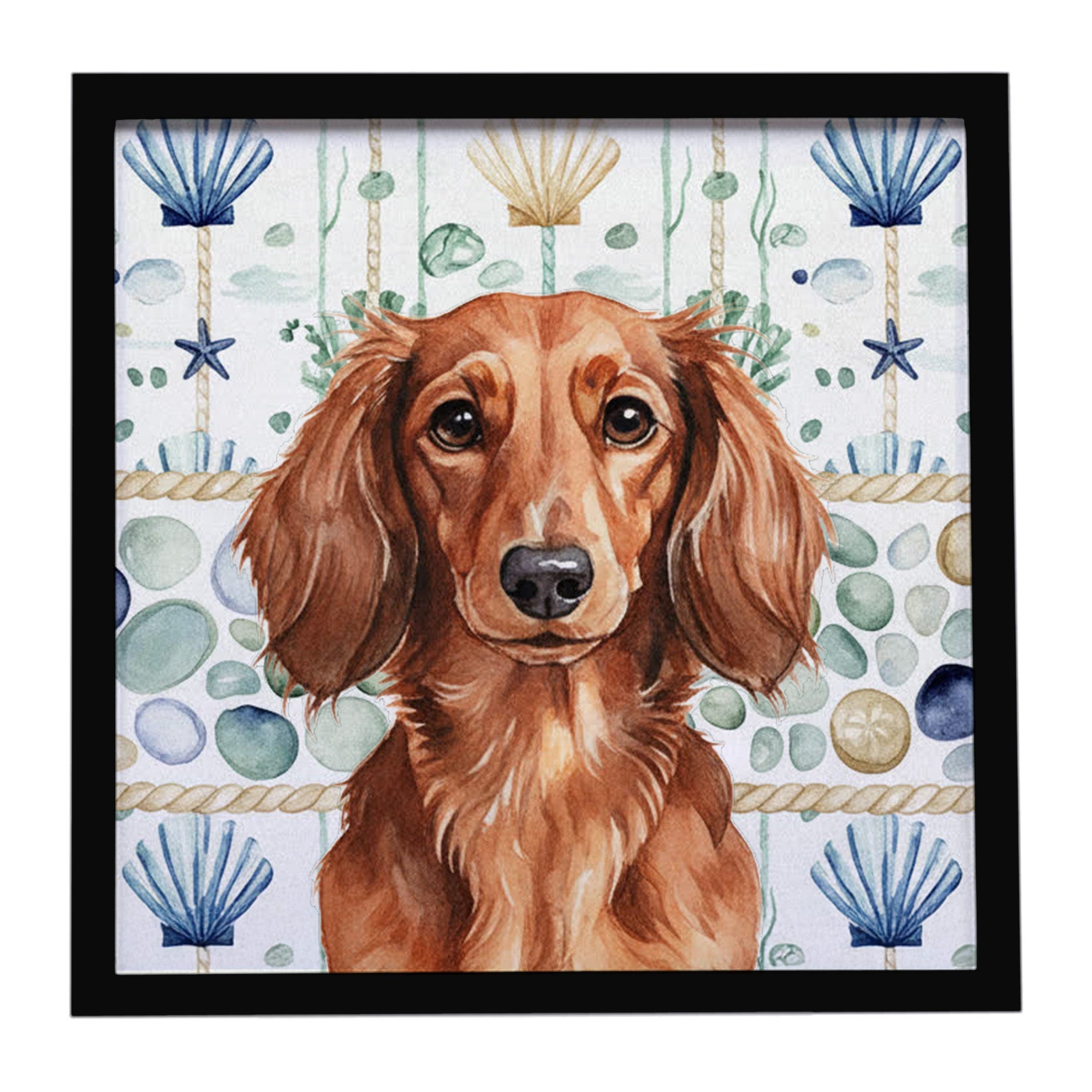 Longhaired Red Dachshund Coastal Sea Glass Framed Metal Print Bathroom, Kitchen, Office, Home Decor Wall Art Ready to Hang, Square, 8X8