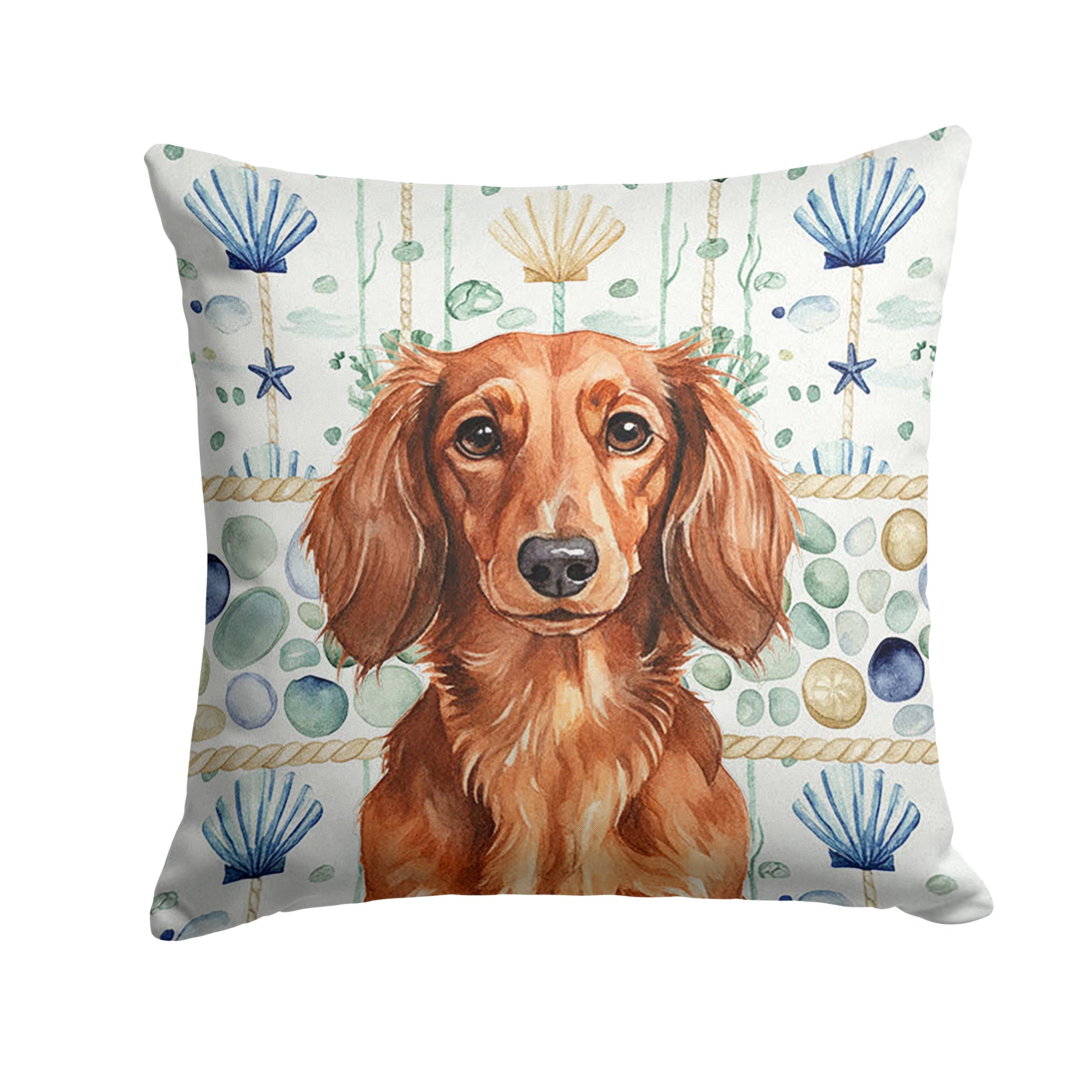Longhaired Red Dachshund Coastal Sea Glass Decorative Throw Pillow 14x14 Indoor Outdoor Accent Cushion, Fabric Cover with Insert for Sofa, Bed, Porch & Living Room