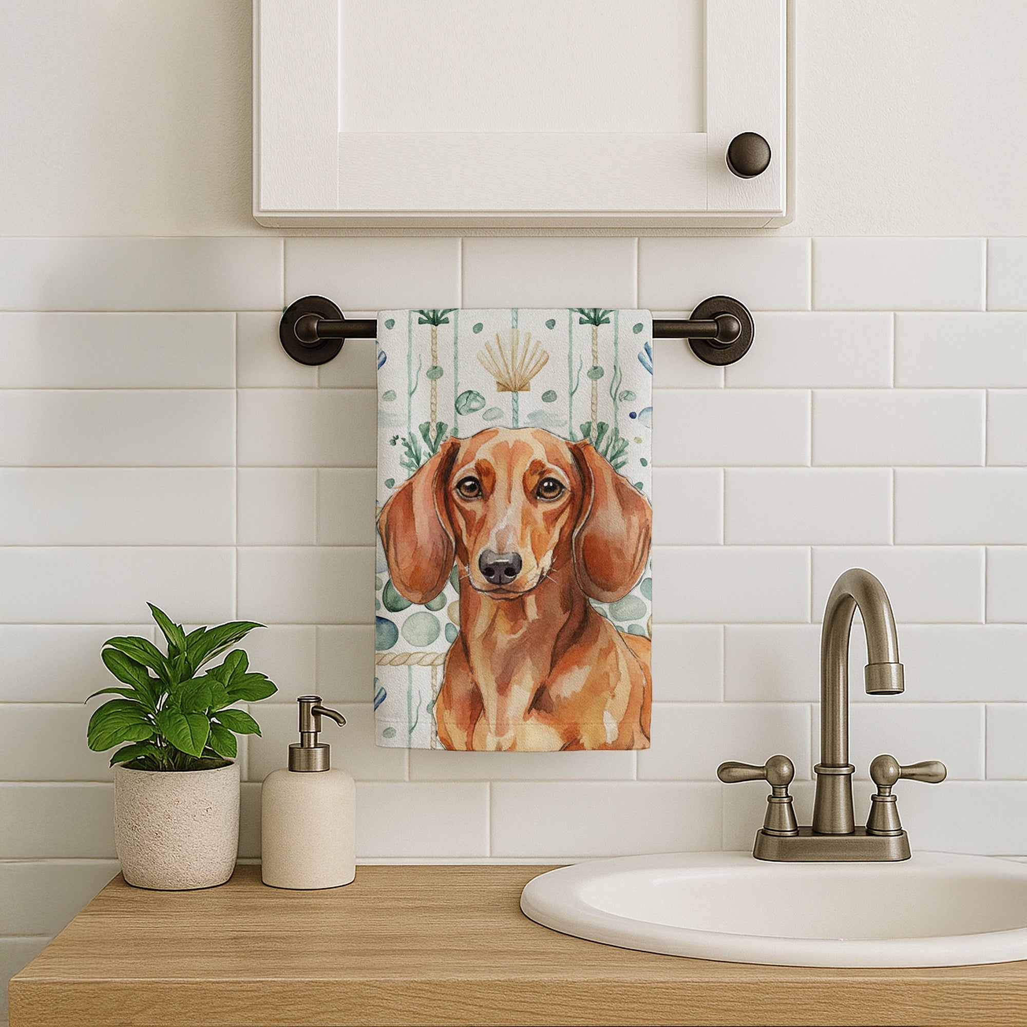 Red Brown Dachshund Coastal Sea Glass Kitchen Towel Velour Plush Front and Cotton Loop Back Machine Washable