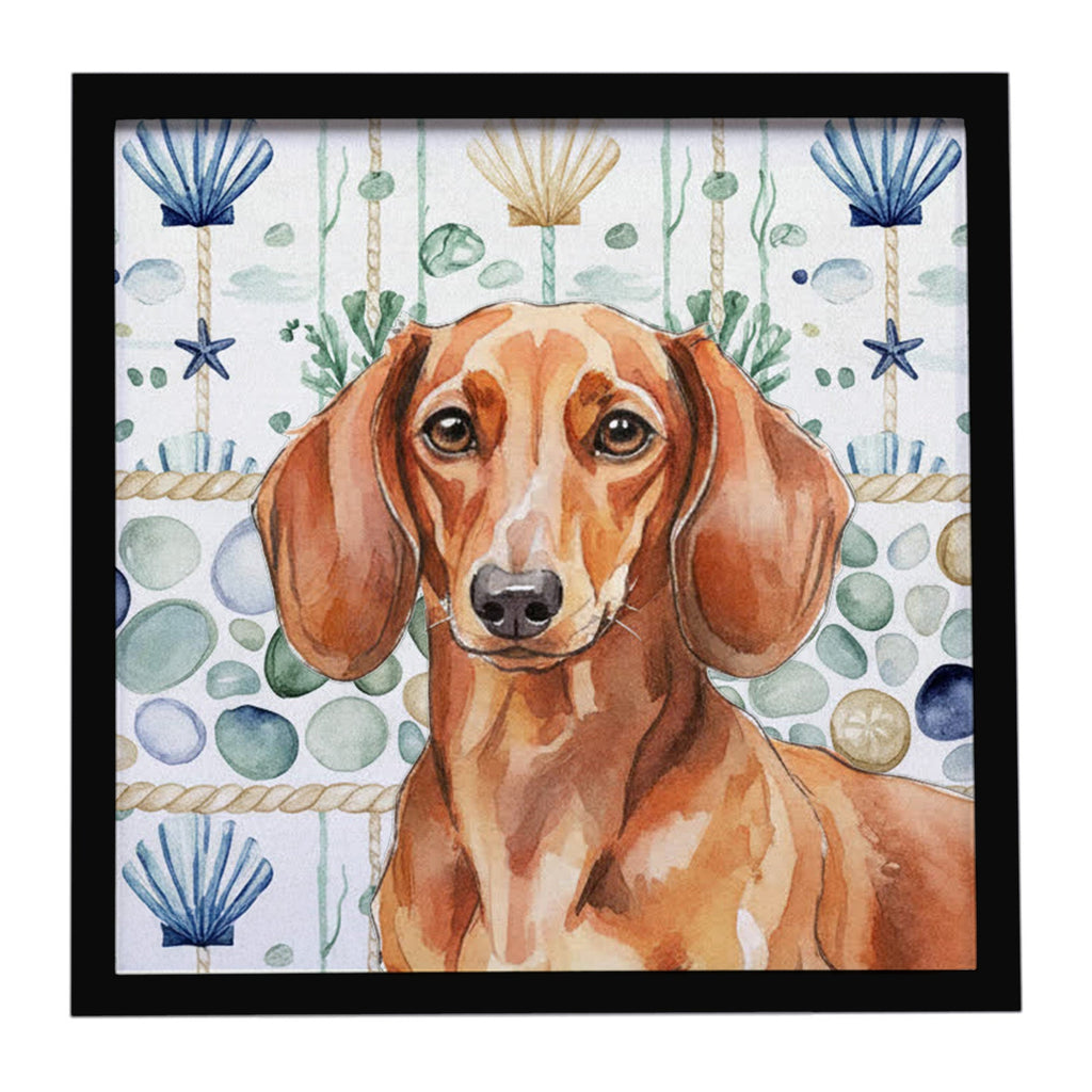 Red Brown Dachshund Coastal Sea Glass Framed Metal Print Bathroom, Kitchen, Office, Home Decor Wall Art Ready to Hang, Square, 8X8