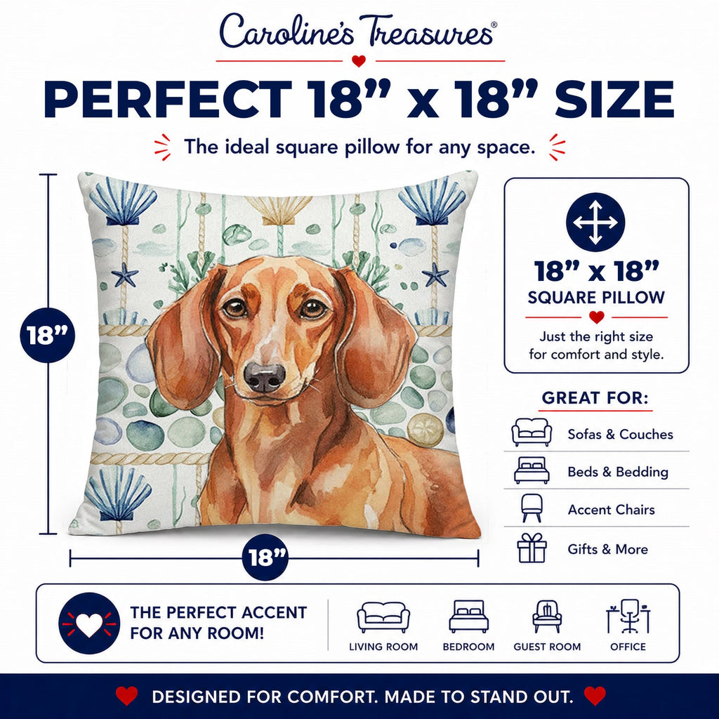Red Brown Dachshund Coastal Sea Glass Decorative Throw Pillow 18x18 Indoor Outdoor Accent Cushion, Fabric Cover with Insert for Sofa, Bed, Porch & Living Room