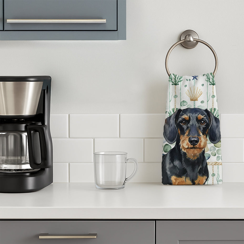 Wirehaired Black and Tan Dachshund Coastal Sea Glass Kitchen Towel Velour Plush Front and Cotton Loop Back Machine Washable