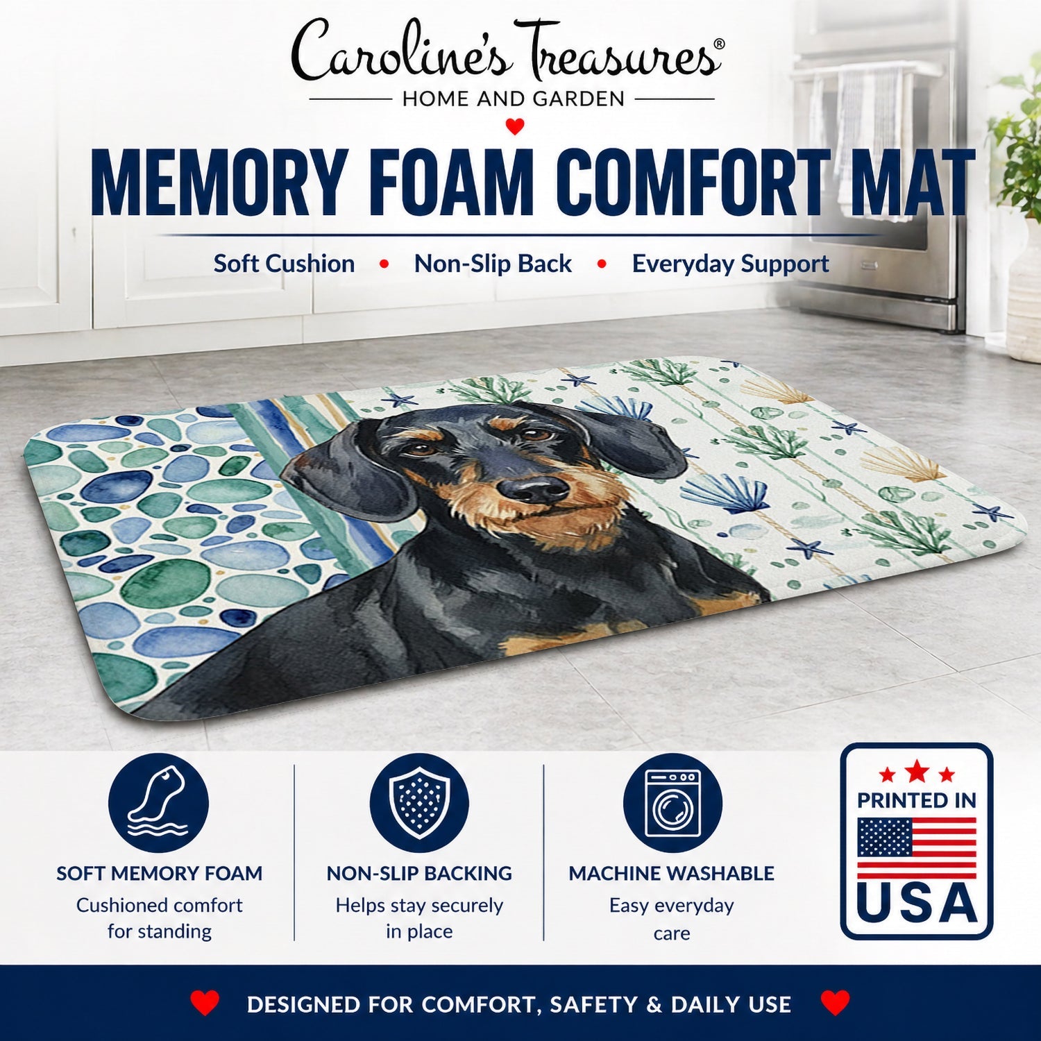 Wirehaired Black and Tan Dachshund Coastal Sea Glass Memory Foam Kitchen Mat Machine Washable Anti-Fatigue Cushion Comfort Bath or Kitchen Rug