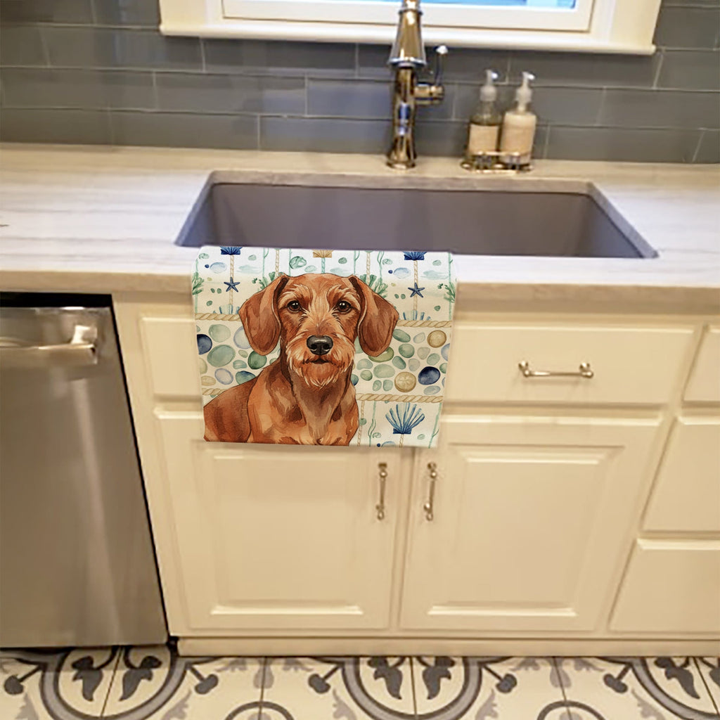 Wirehaired Red Dachshund Coastal Sea Glass Kitchen Towel Velour Plush Front and Cotton Loop Back Machine Washable