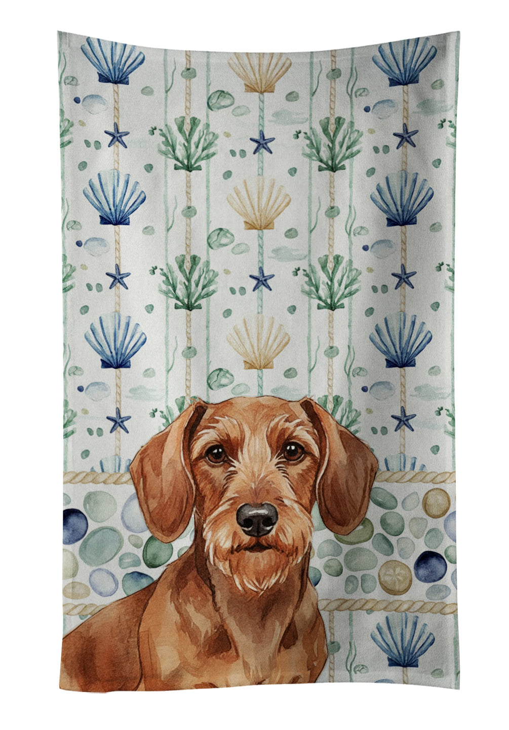Wirehaired Red Dachshund Coastal Sea Glass Kitchen Towel Velour Plush Front and Cotton Loop Back Machine Washable